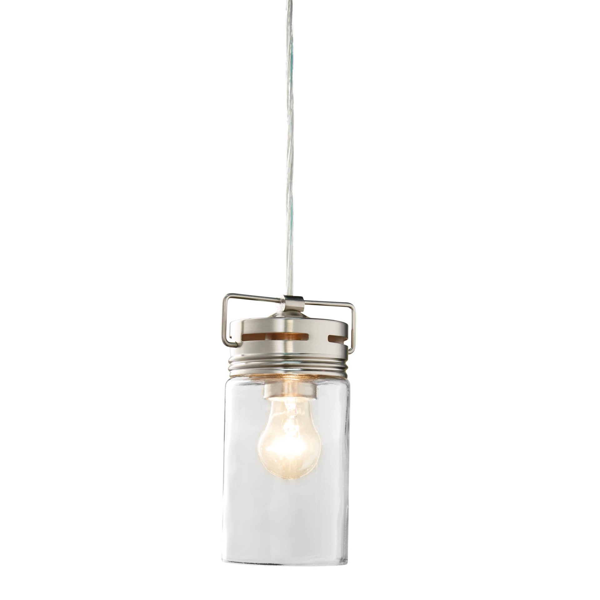 slide 4 of 6, allen + roth Vallymede 3 -Light Brushed Nickel Farmhouse Clear glass Jar Small Hanging Pendant light, 1 ct