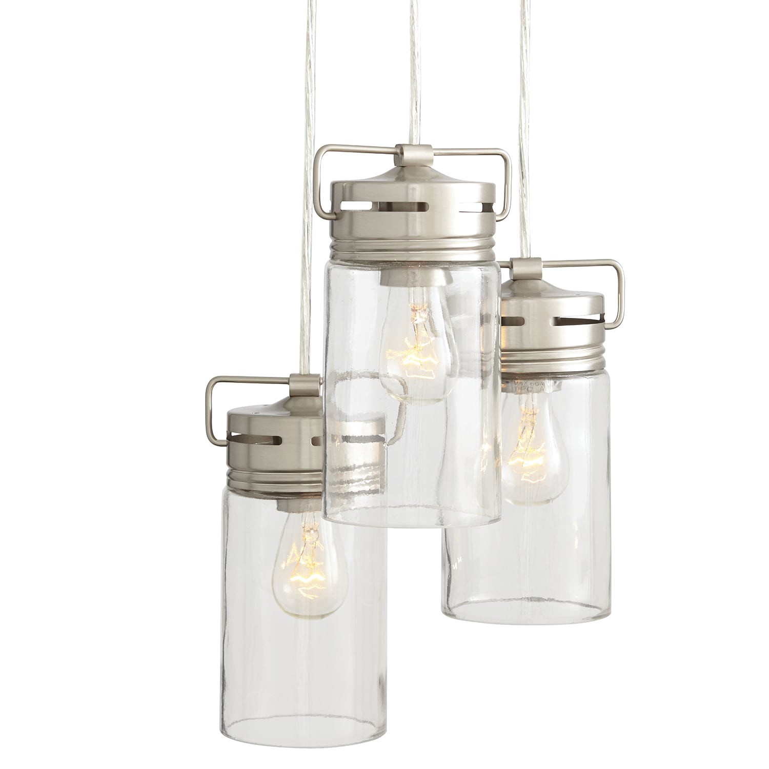 slide 1 of 6, allen + roth Vallymede 3 -Light Brushed Nickel Farmhouse Clear glass Jar Small Hanging Pendant light, 1 ct