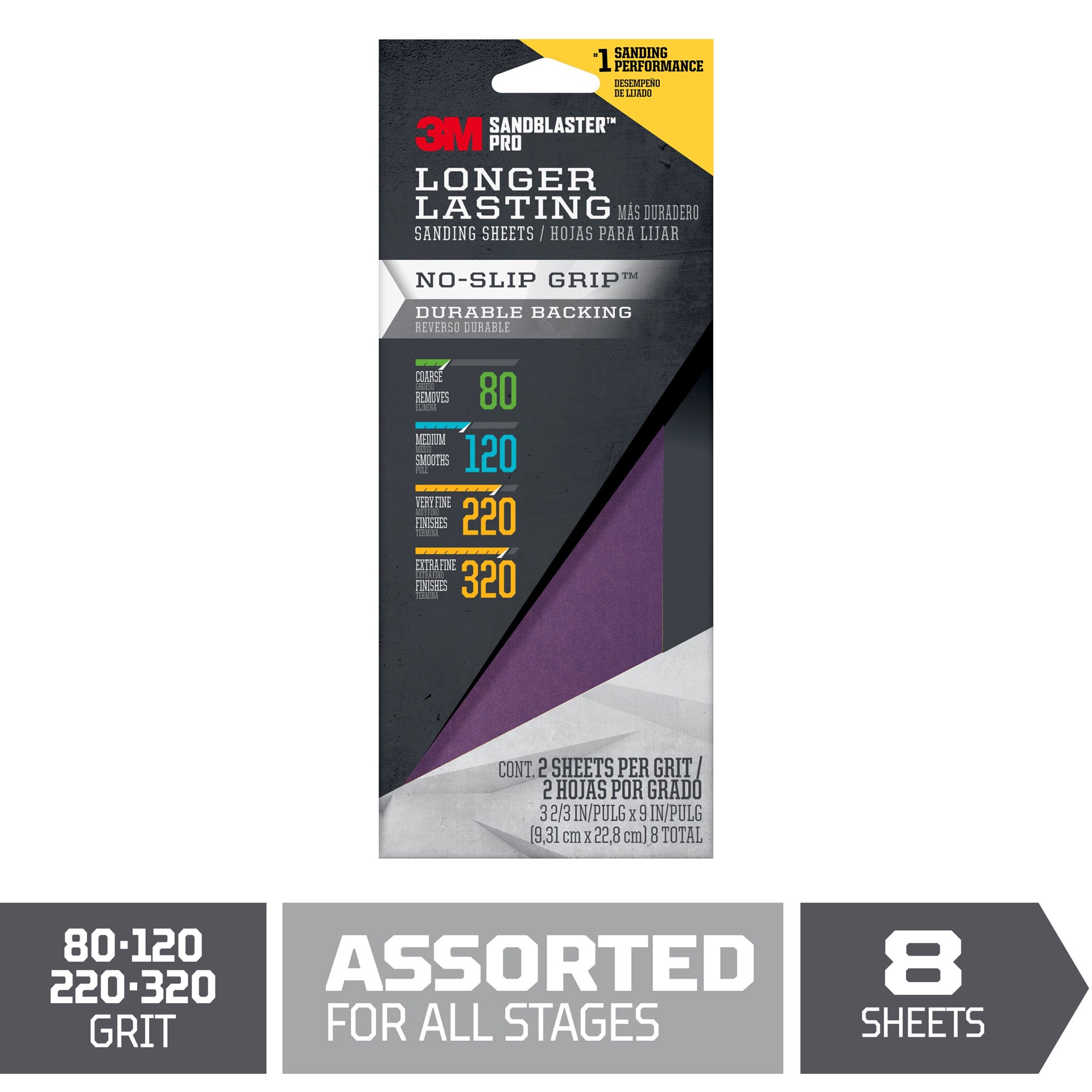 slide 1 of 6, 3M SandBlaster Pro Multi-grade Multi-grade pack -Grit Sheet Sandpaper 3-in W x 9-in L 8 -Pack, 1 ct