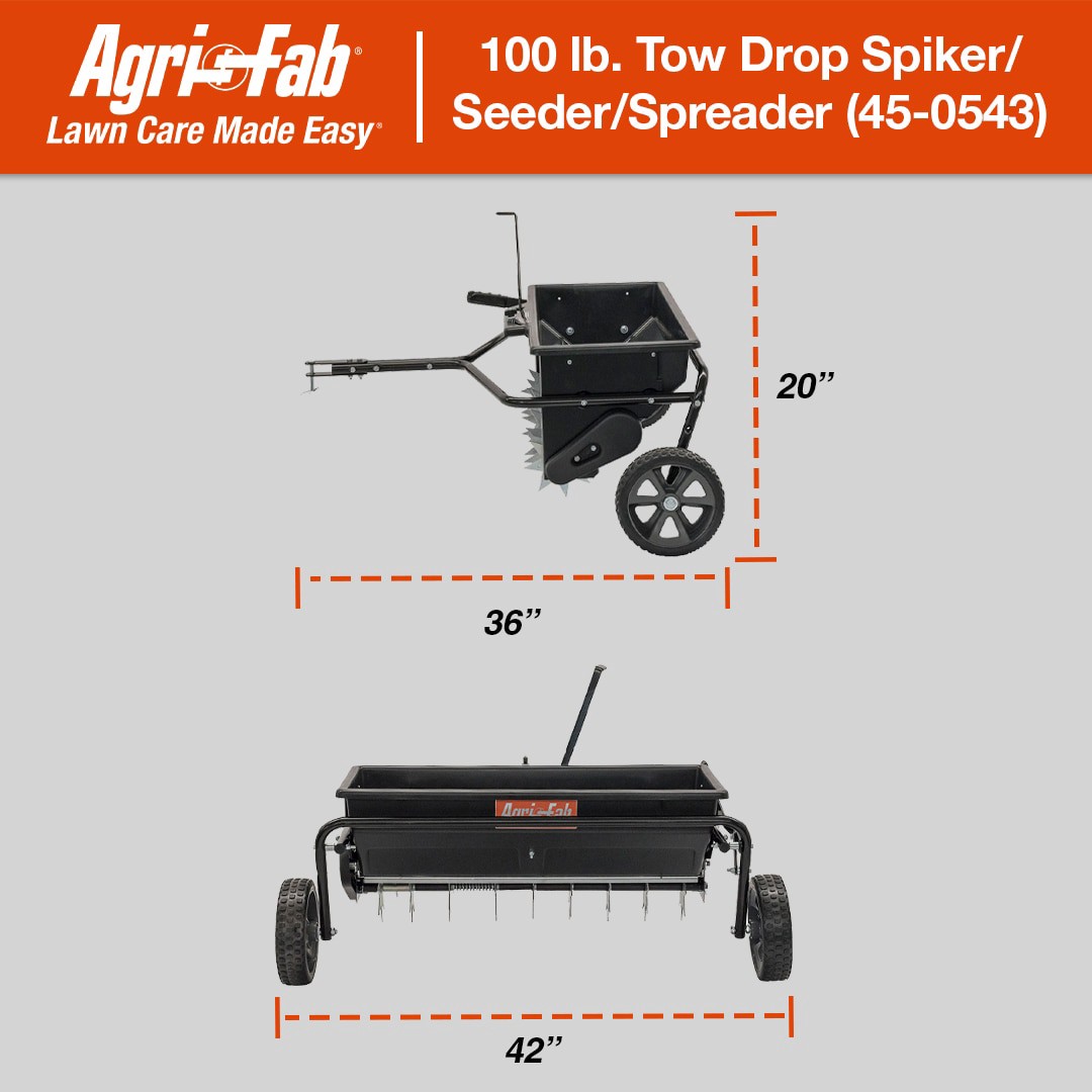 slide 2 of 6, Agri-Fab 100-lb Capacity Spike Aerator Drop Tow-Behind Spreader, 1 ct