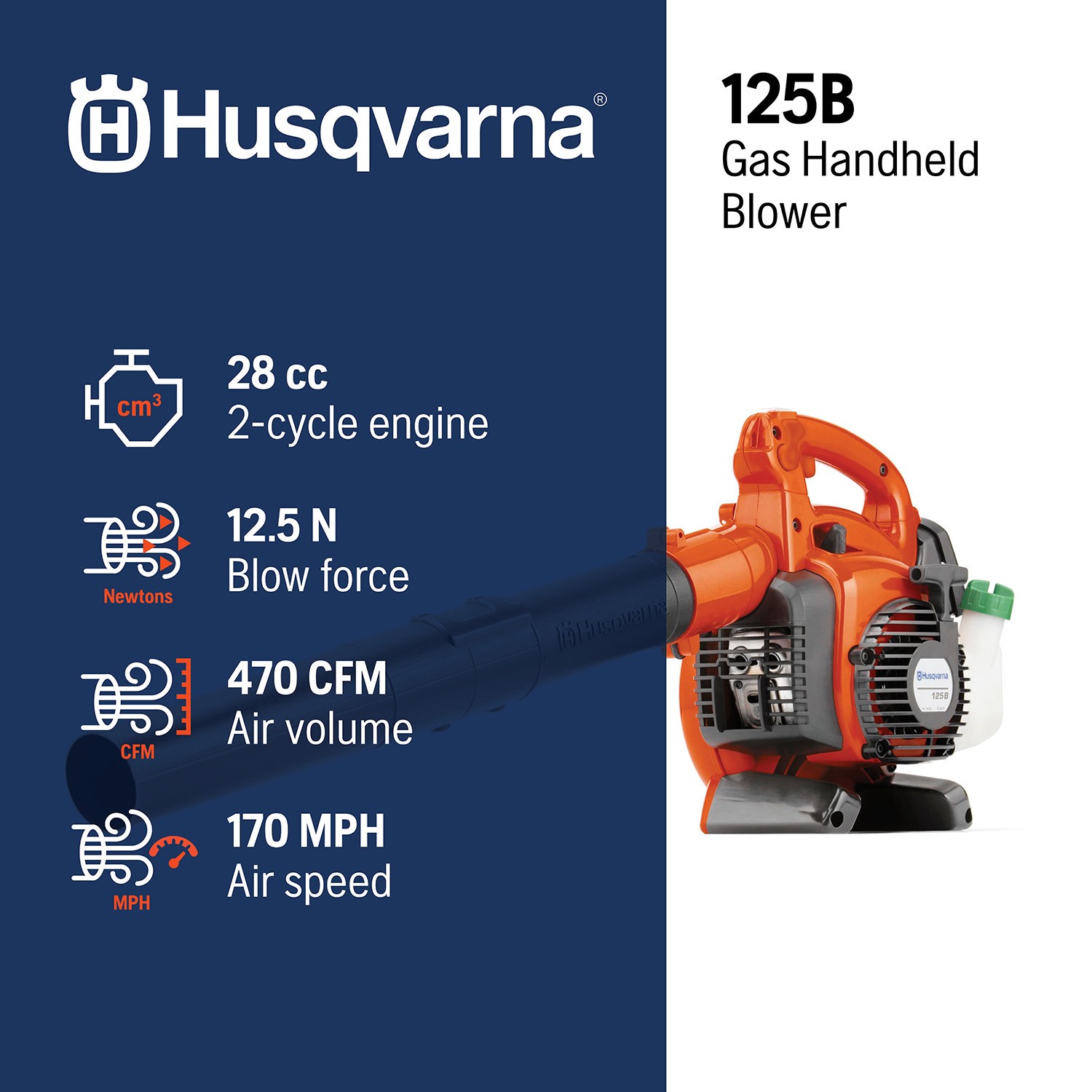 slide 2 of 6, Husqvarna 125B 28-cc 2-cycle 470-CFM 170-MPH Gas Handheld Leaf Blower, 1 ct
