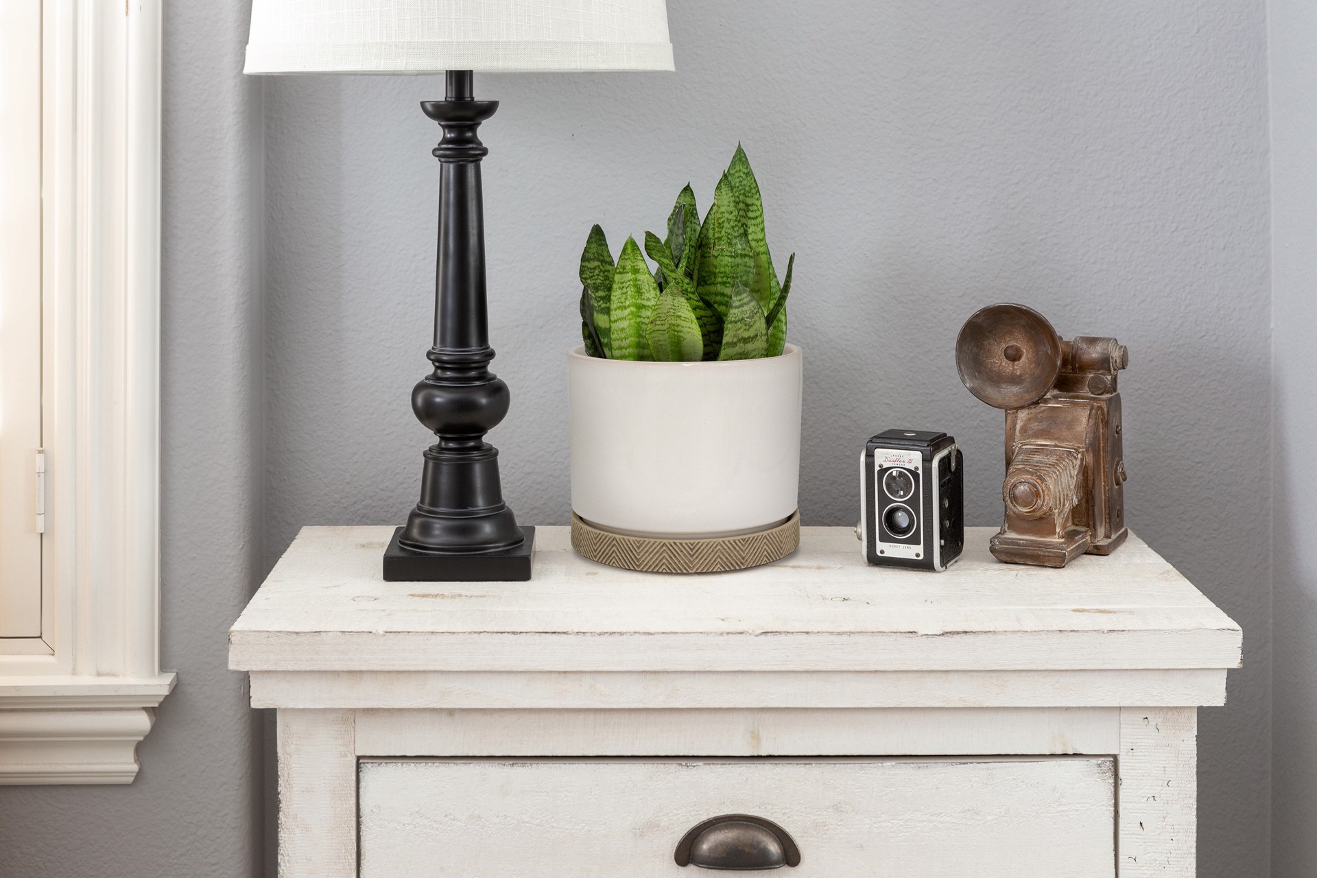 slide 5 of 5, allen + roth Round 5.04-in W x 17.38-in L White Ceramic Indoor Planter, 1 ct