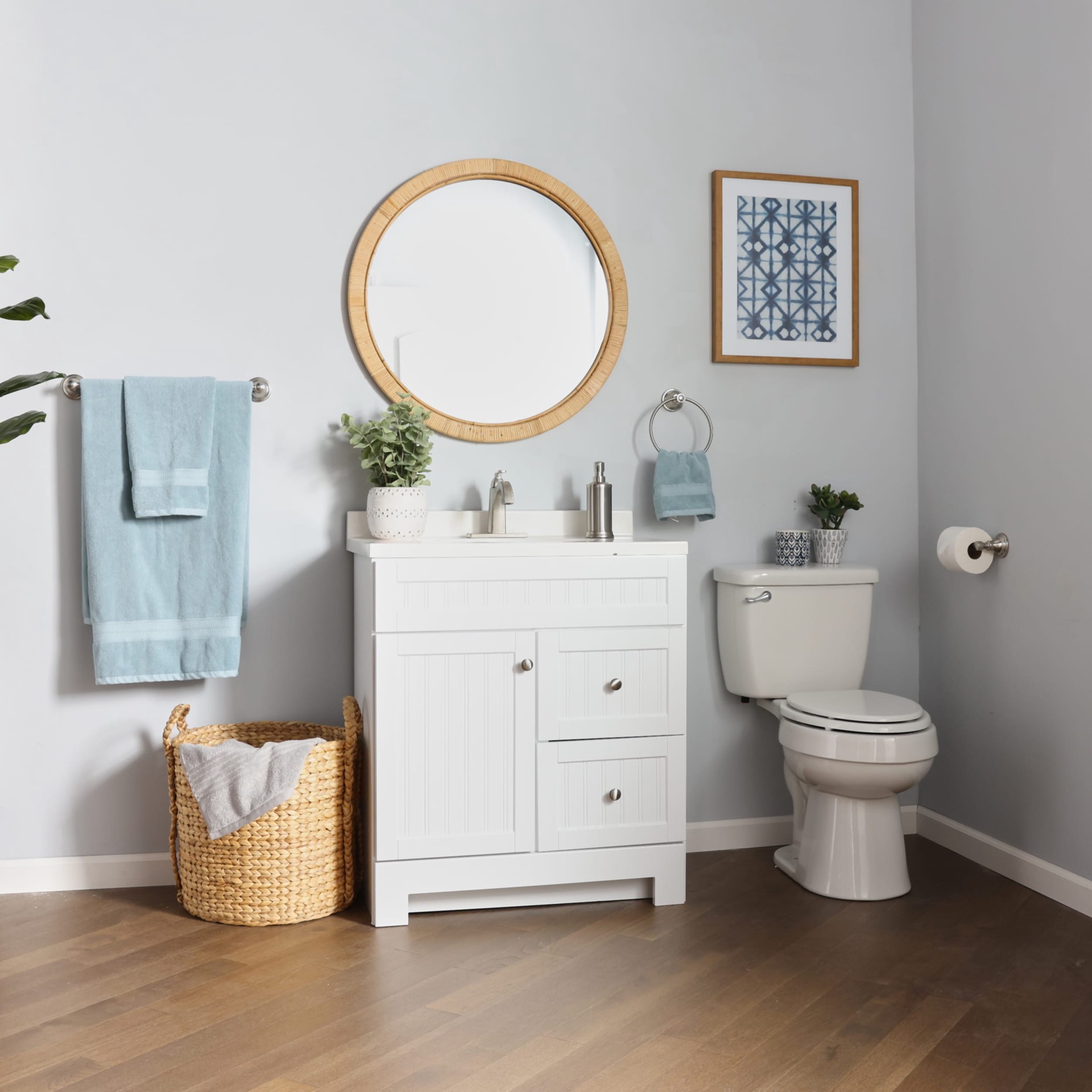 slide 2 of 6, allen + roth 3 -Piece Jordon Brushed Nickel Decorative Bathroom Hardware Set Towel Bar, Toilet Paper Holder, Towel Ring Included, 1 ct