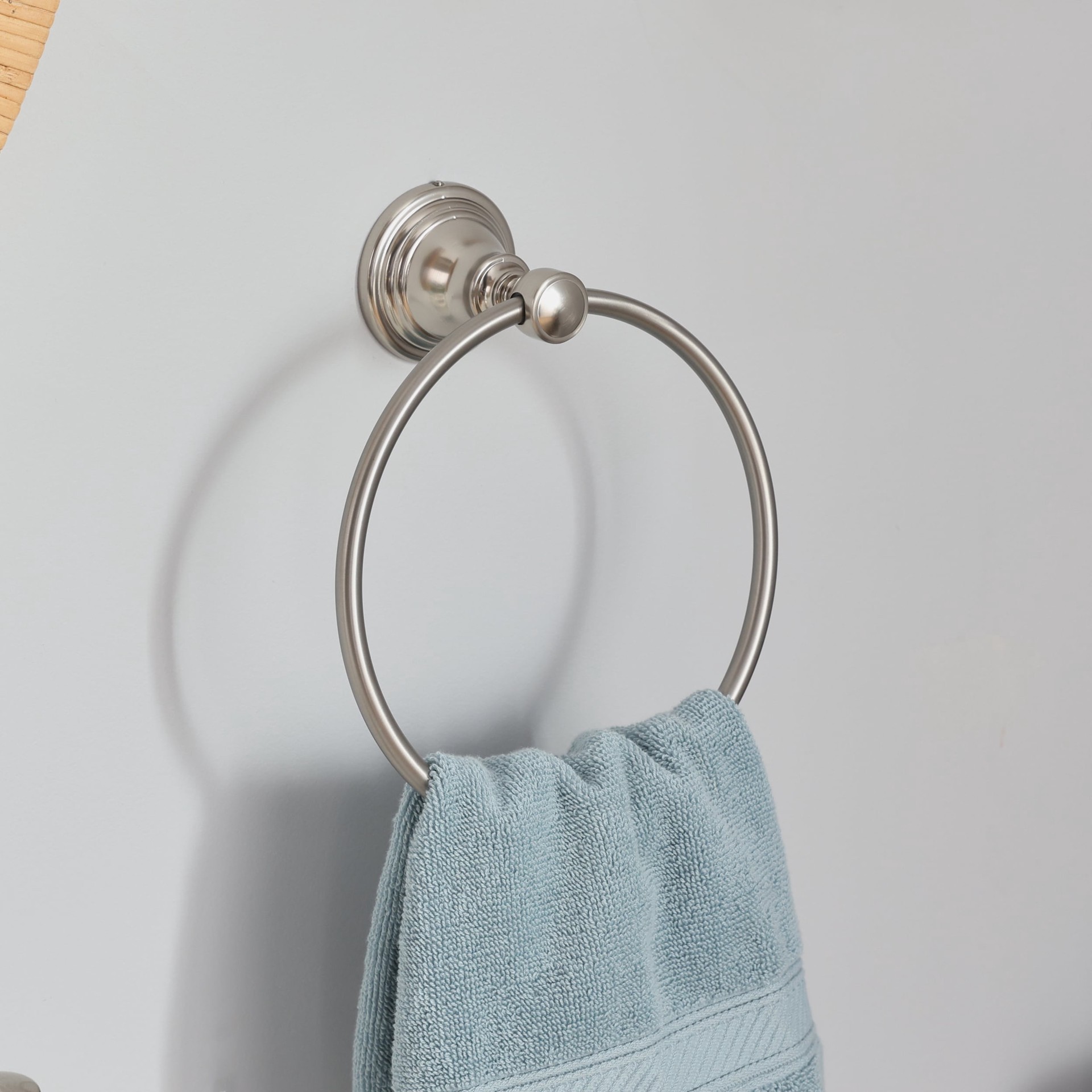 slide 4 of 6, allen + roth 3 -Piece Jordon Brushed Nickel Decorative Bathroom Hardware Set Towel Bar, Toilet Paper Holder, Towel Ring Included, 1 ct