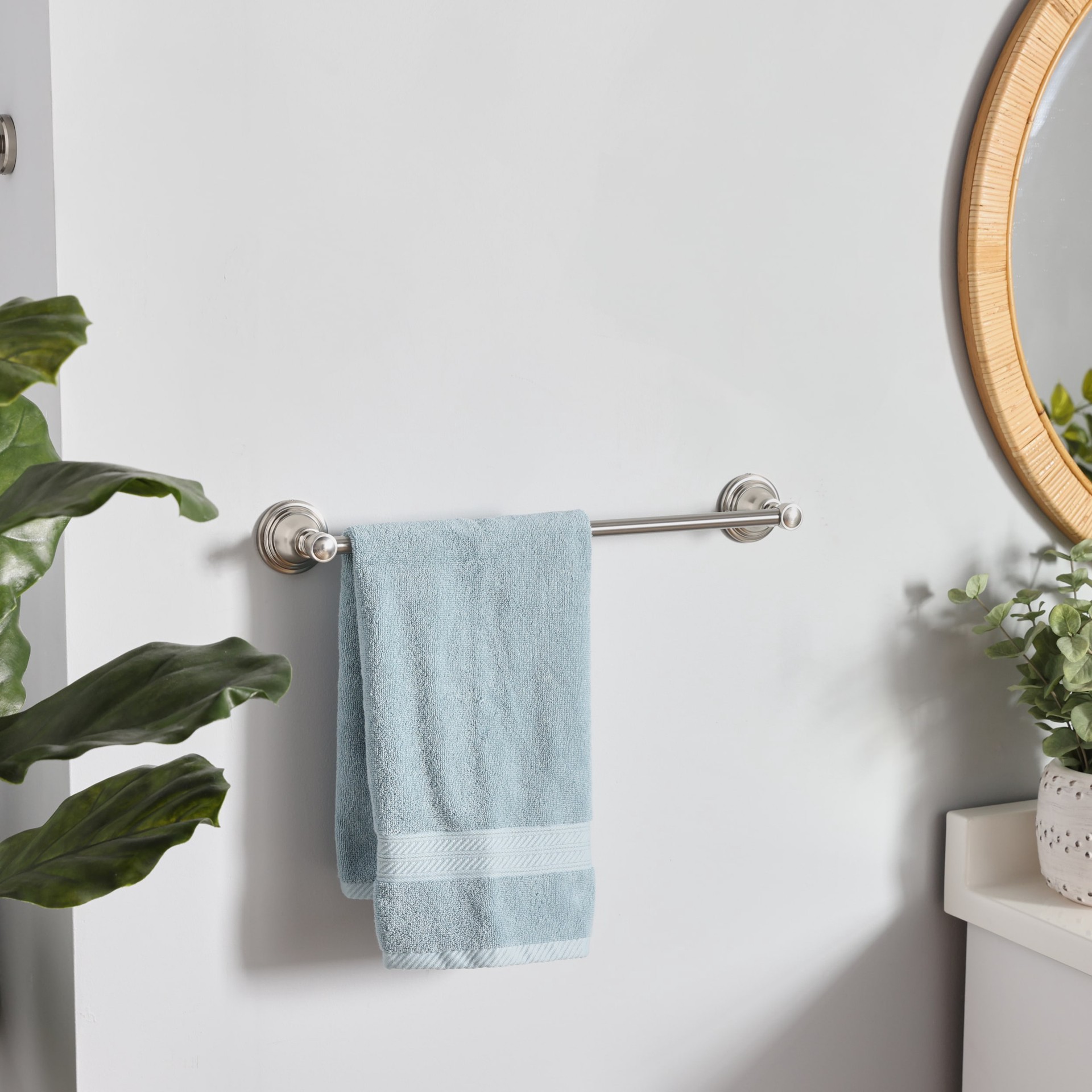 slide 5 of 6, allen + roth 3 -Piece Jordon Brushed Nickel Decorative Bathroom Hardware Set Towel Bar, Toilet Paper Holder, Towel Ring Included, 1 ct