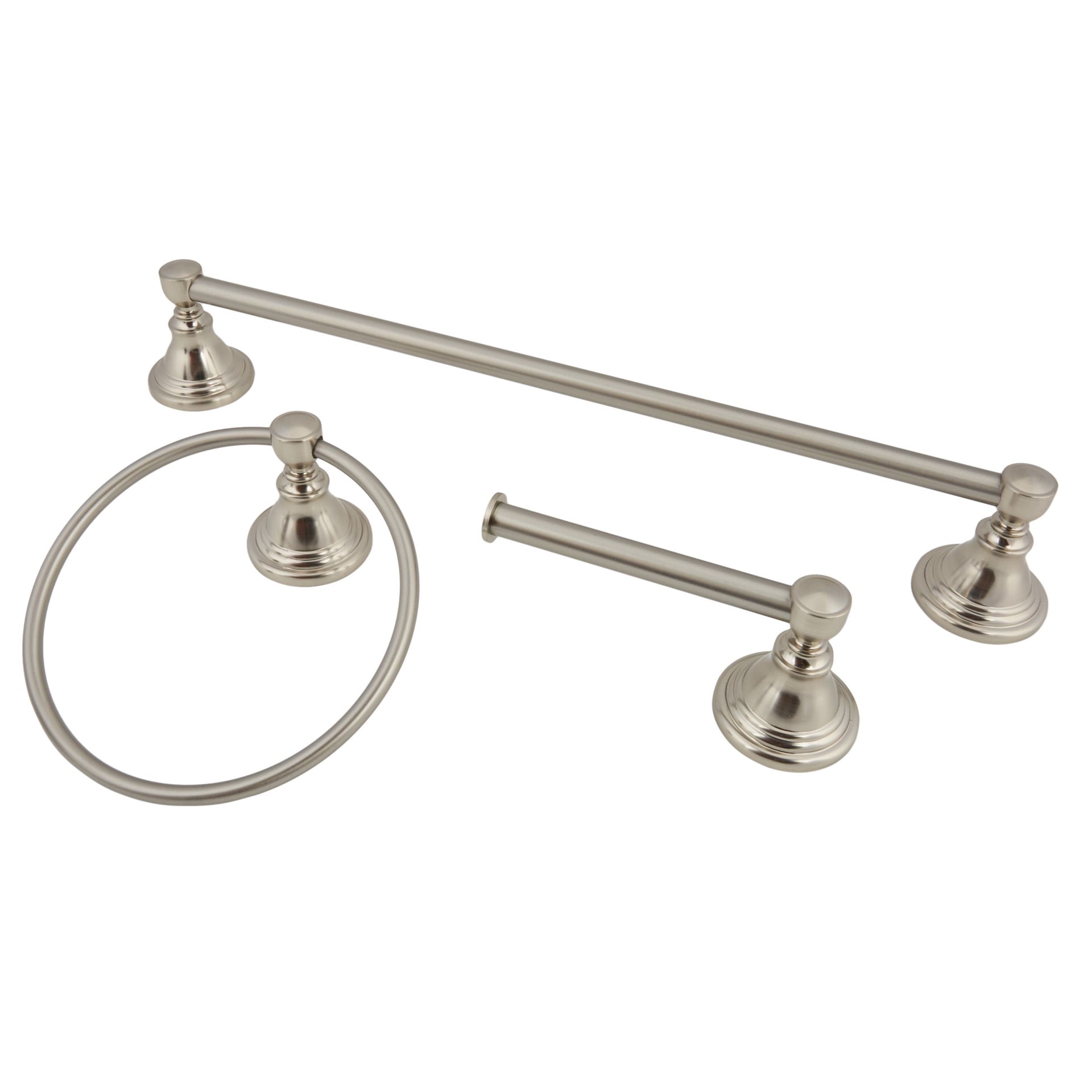 slide 1 of 6, allen + roth 3 -Piece Jordon Brushed Nickel Decorative Bathroom Hardware Set Towel Bar, Toilet Paper Holder, Towel Ring Included, 1 ct