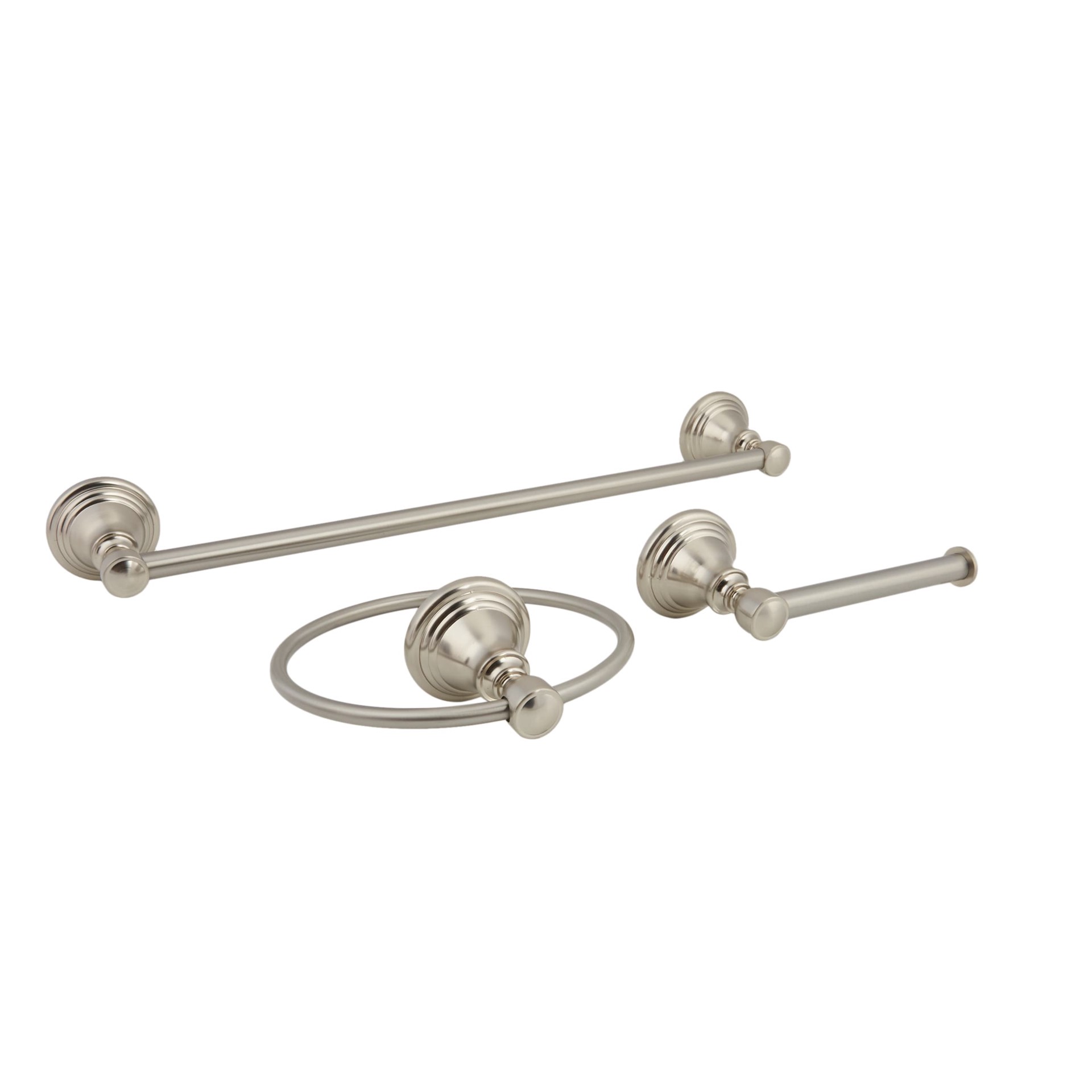 slide 6 of 6, allen + roth 3 -Piece Jordon Brushed Nickel Decorative Bathroom Hardware Set Towel Bar, Toilet Paper Holder, Towel Ring Included, 1 ct