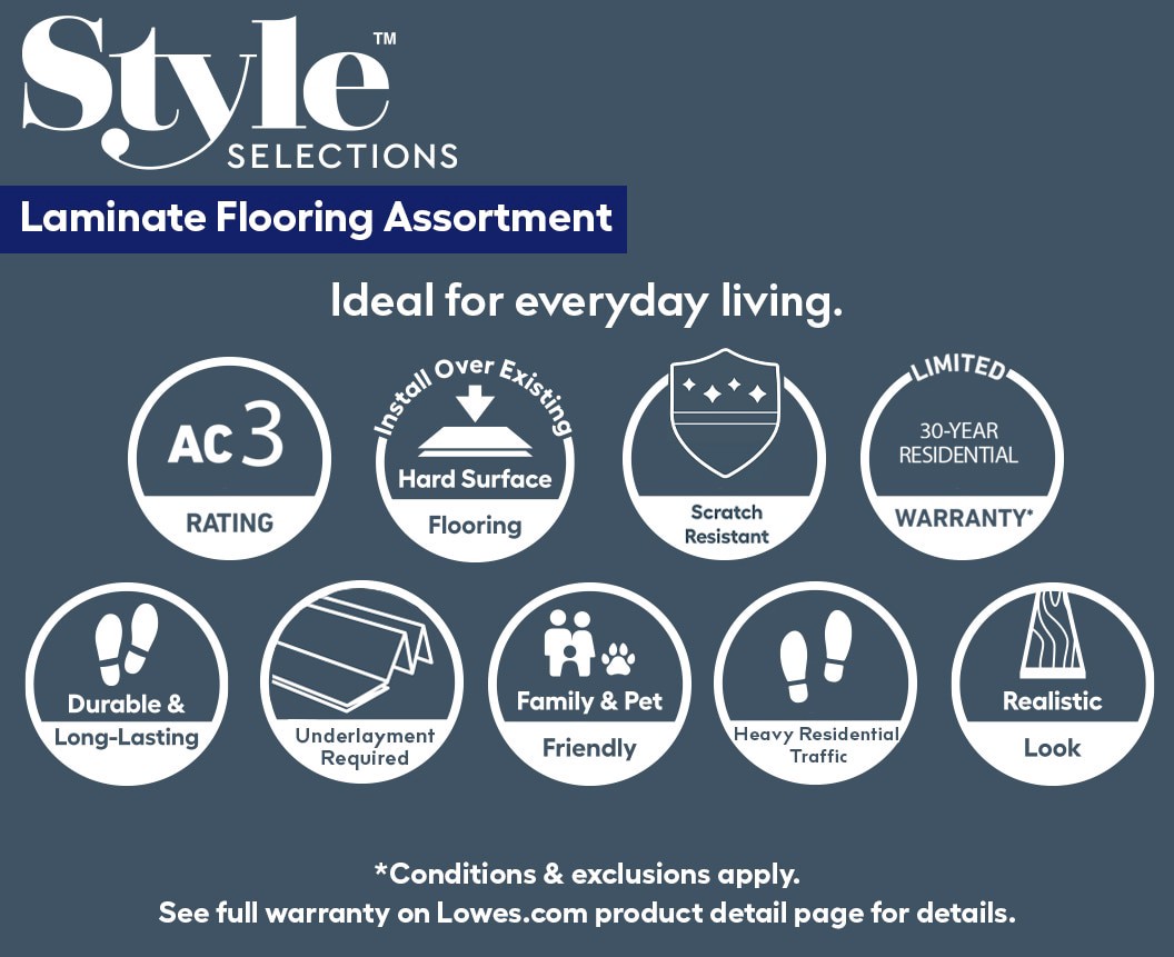 slide 2 of 6, Style Selections Shady brook hickory 12-mm T x 8-in W x 48-in L Water Resistant Laminate Flooring ( 15.94-sq ft / Carton ), 1 ct