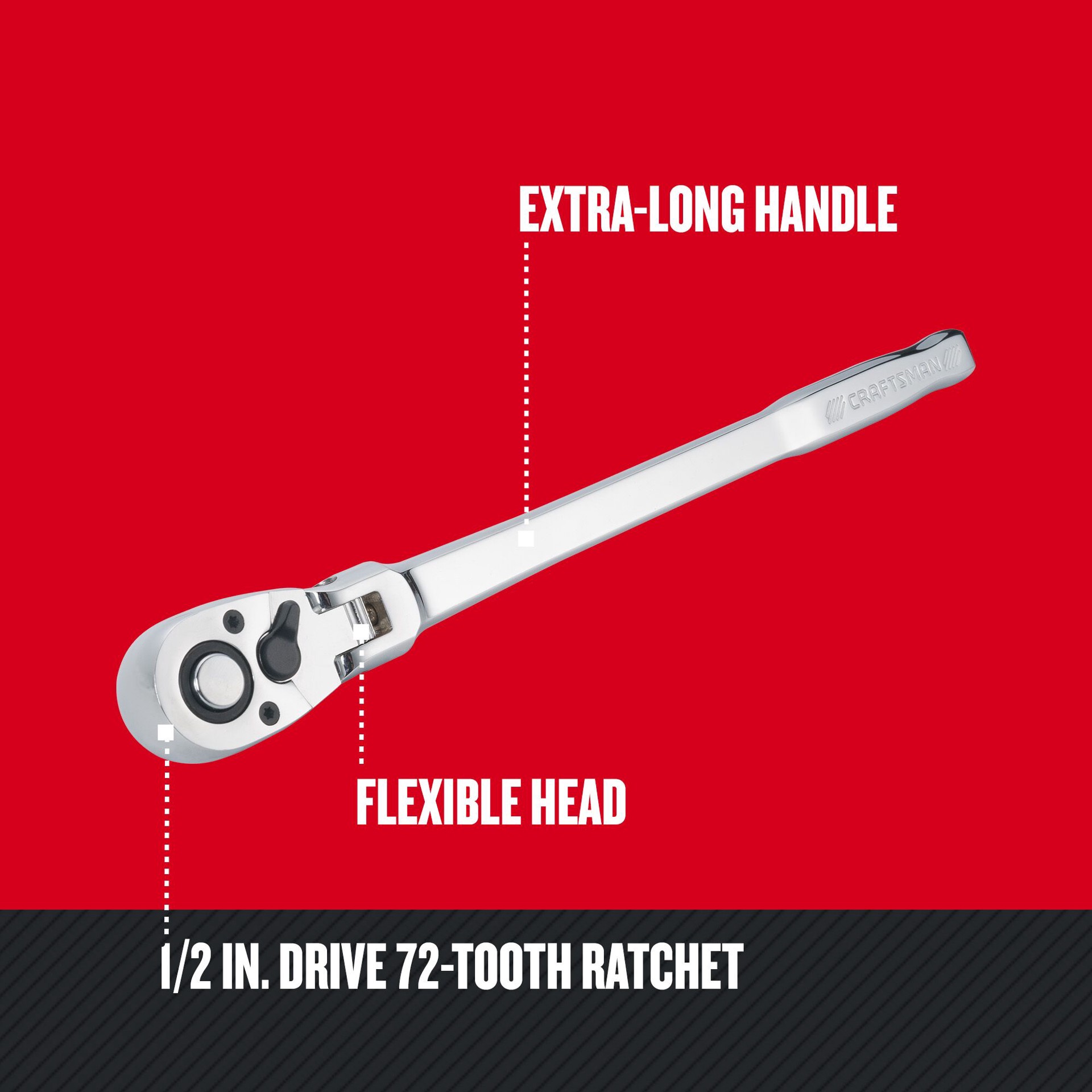 slide 3 of 6, CRAFTSMAN 72 -Tooth 1/2-in Drive Full polish Handle Flexible Head Ratchet, 1 ct
