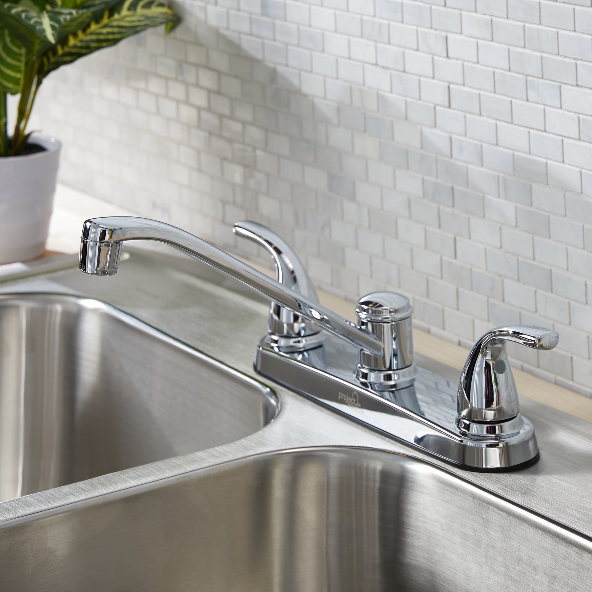 slide 2 of 6, Project Source Dover Chrome Double Handle Deck-mount Kitchen Faucet (Includes Deck Plate), 1 ct