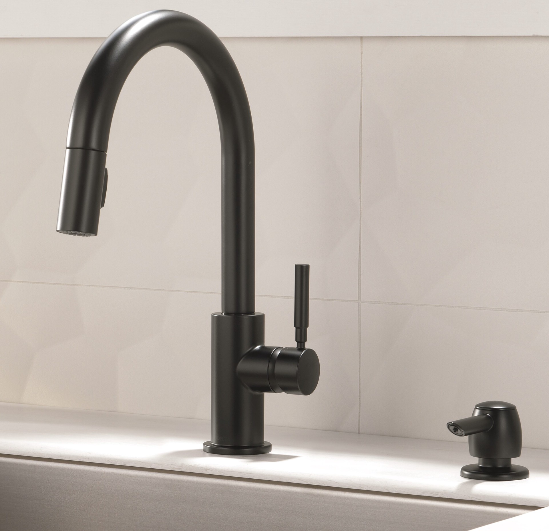slide 1 of 6, Delta Trask Matte Black Single Handle Deck-mount Pull-down Kitchen Faucet with Sprayer (Includes Deck Plate) (Includes Soap Dispenser), 1 ct