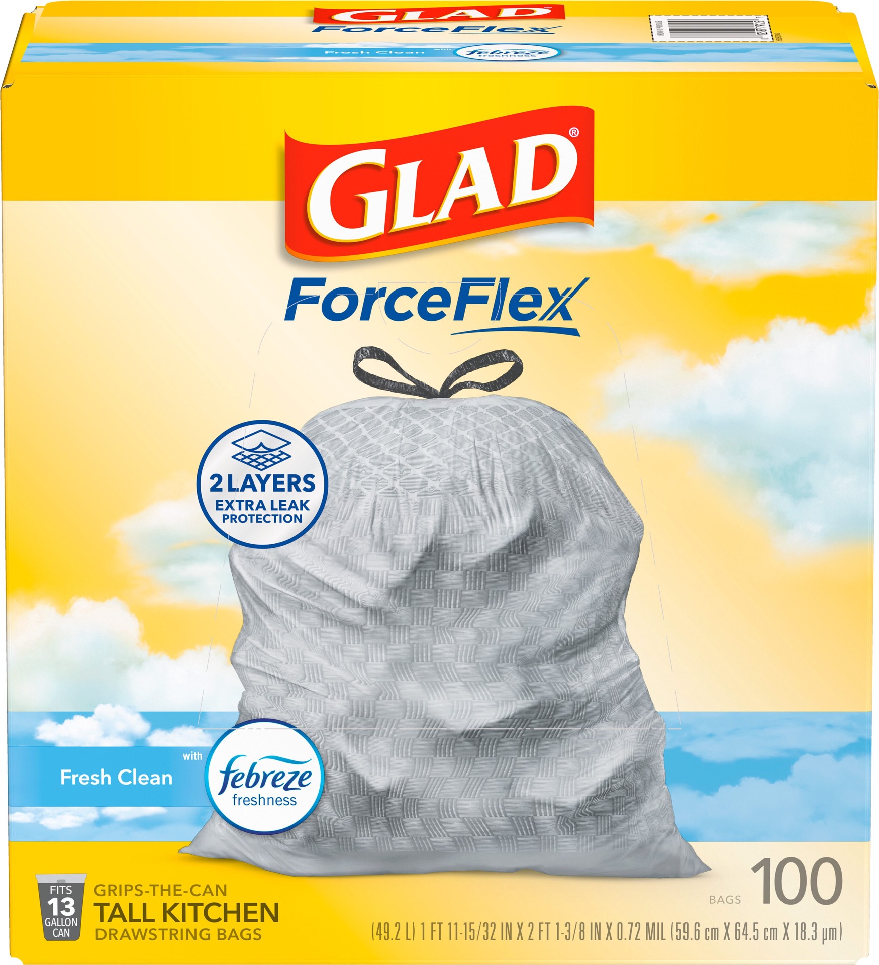 slide 3 of 6, Glad ForceFlex 13-Gallon Febreze Fresh Clean White Indoor Plastic Kitchen Drawstring Trash Bag 100 -Count, 1 ct