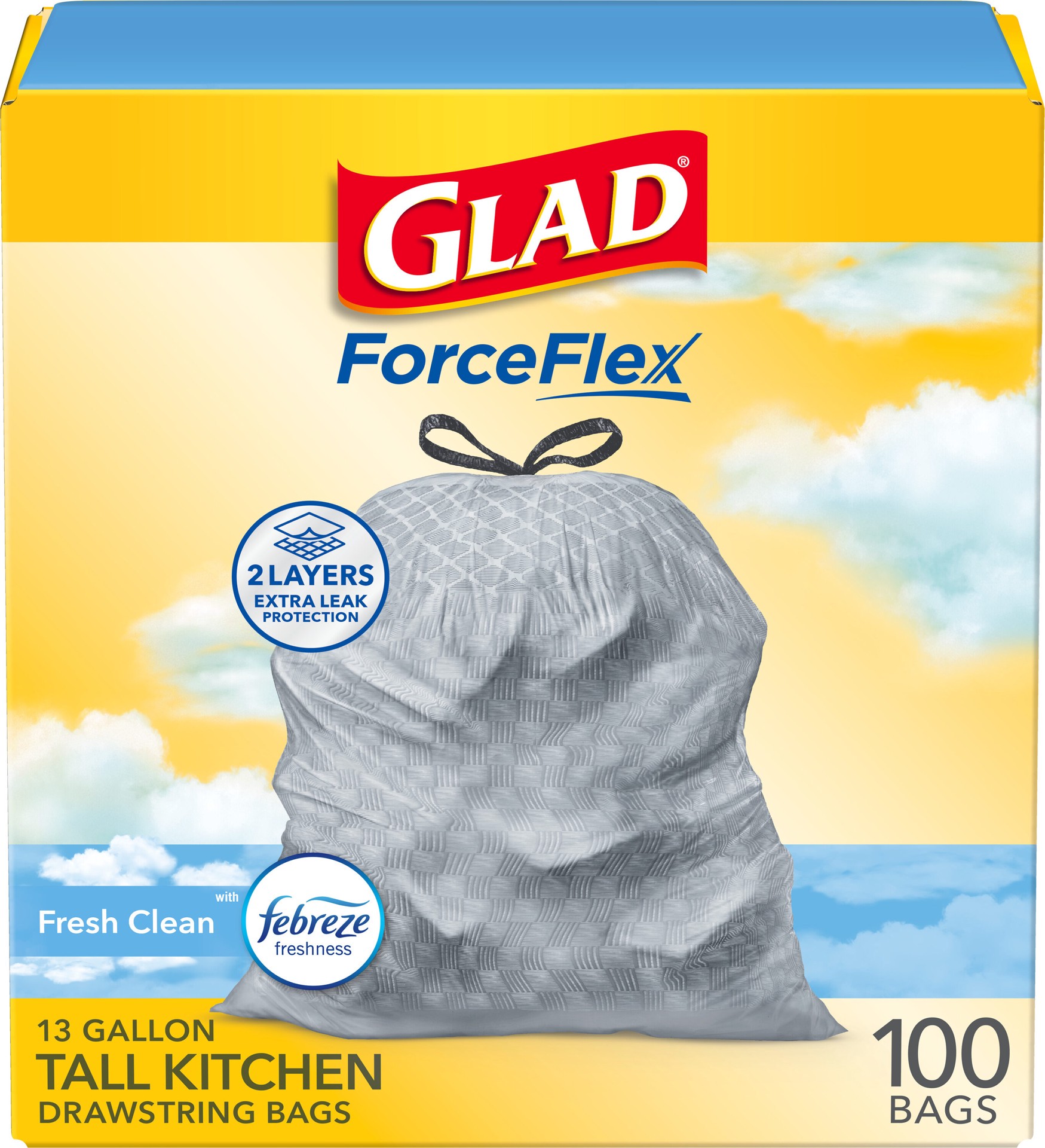 slide 1 of 6, Glad ForceFlex 13-Gallon Febreze Fresh Clean White Indoor Plastic Kitchen Drawstring Trash Bag 100 -Count, 1 ct