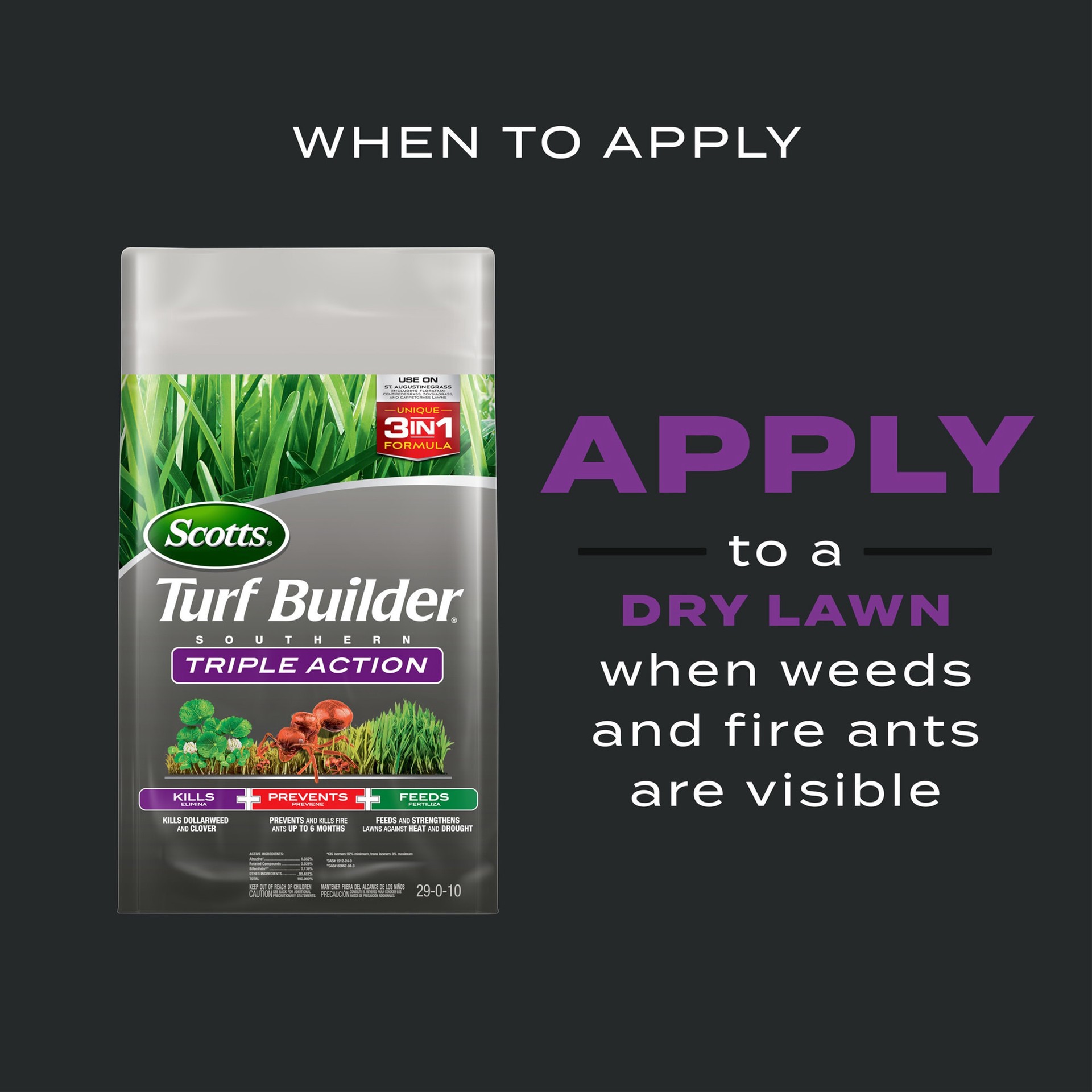 slide 6 of 6, Scotts Turf Builder Southern Triple Action 26.5-lb 8000-sq ft 29-0-10 Weed Feed Insect Control Fertilizer, 1 ct