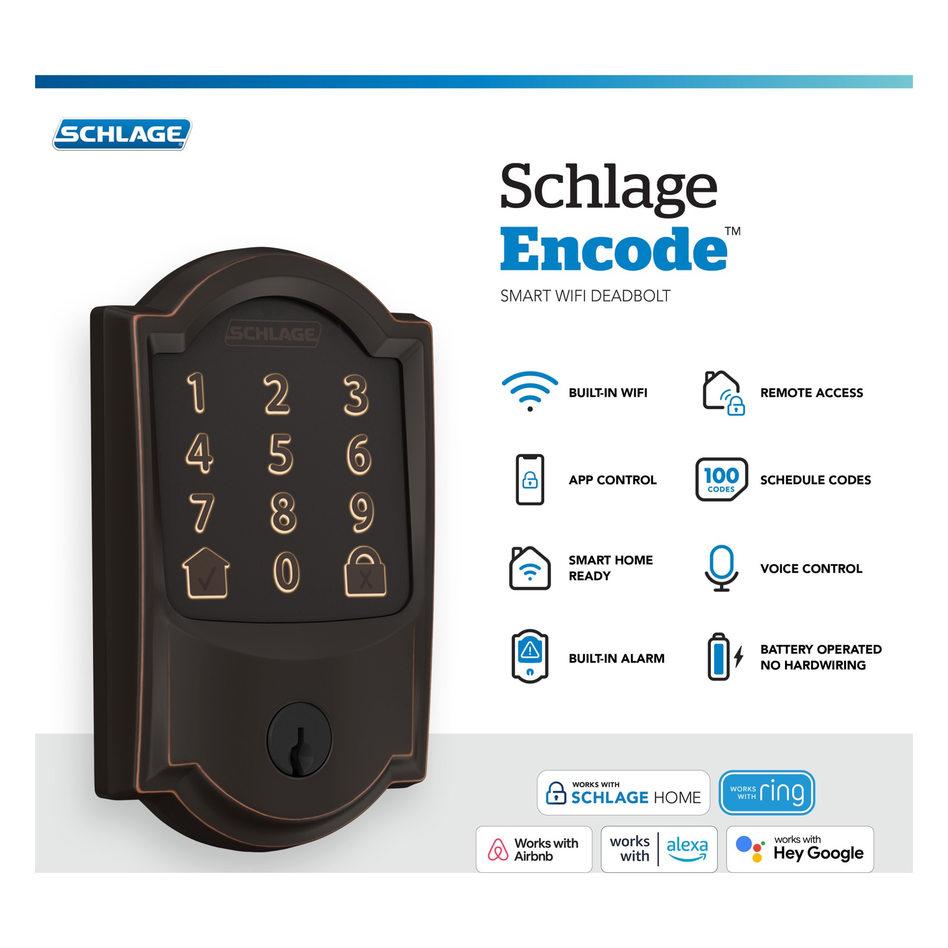 slide 3 of 6, Schlage Encode Camelot Aged Bronze Smart Wi-Fi and Bluetooth Touchscreen Keypad Electronic Deadbolt Lock, 1 ct