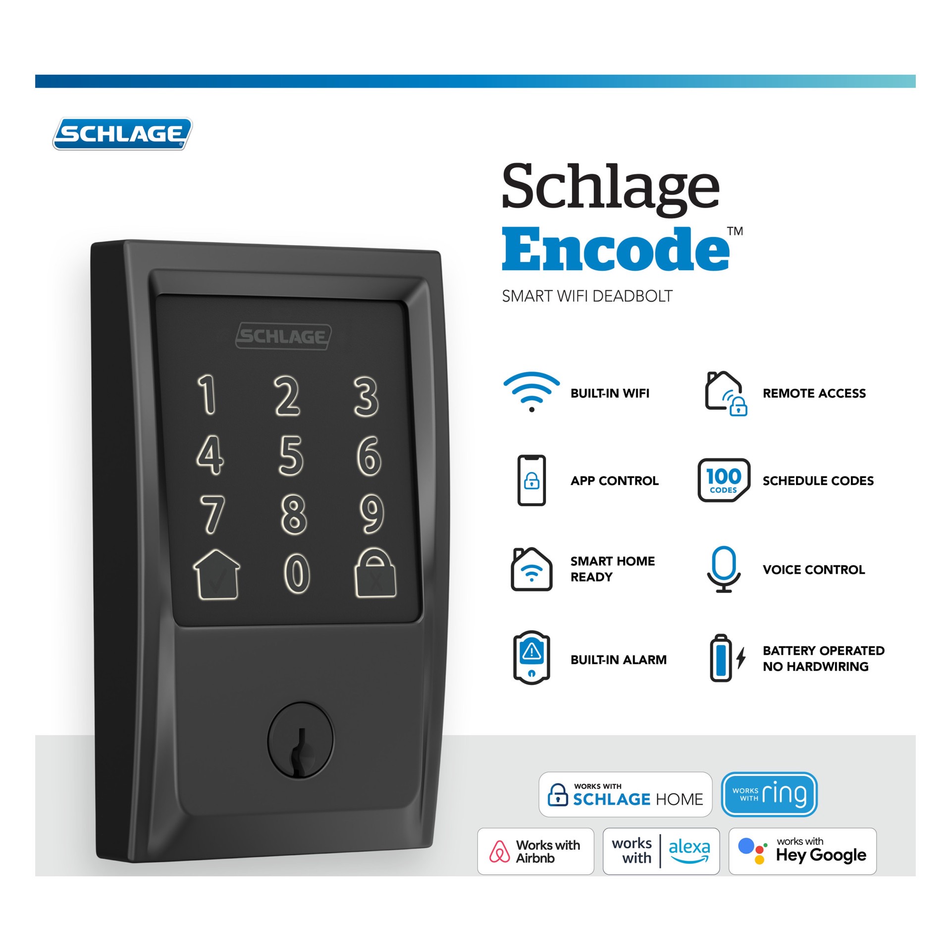slide 3 of 6, Schlage Encode Century Matte Black Smart Wi-Fi and Bluetooth Touchscreen Keypad Electronic Deadbolt Lock, 1 ct
