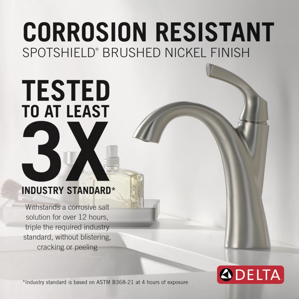 slide 2 of 6, Delta Sandover Spotshield Brushed Nickel Single hole 1-handle WaterSense Mid-arc Residential Handle Bathroom Sink Faucet with Drain with Deck Plate, 1 ct