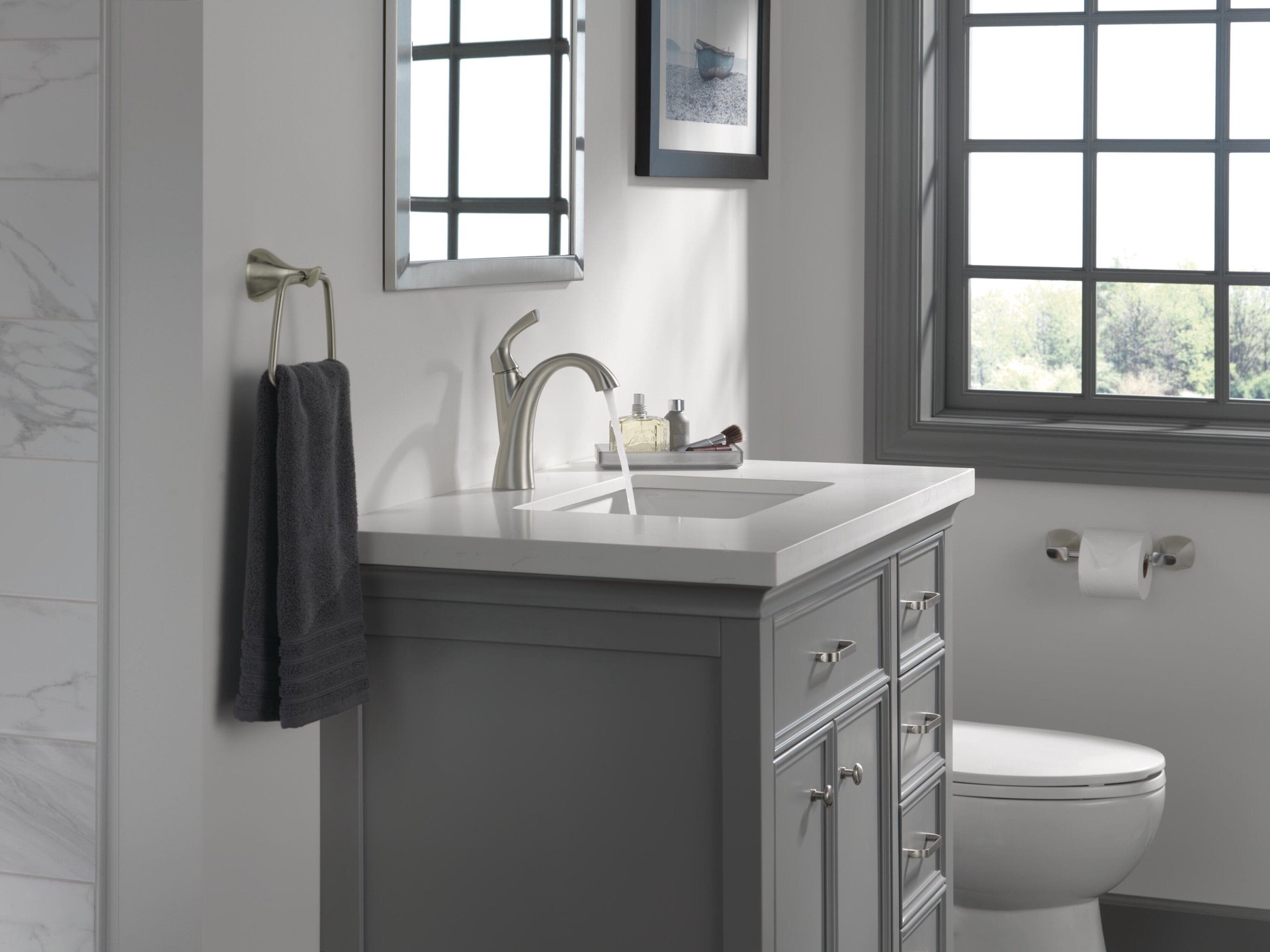 slide 6 of 6, Delta Sandover Spotshield Brushed Nickel Single hole 1-handle WaterSense Mid-arc Residential Handle Bathroom Sink Faucet with Drain with Deck Plate, 1 ct