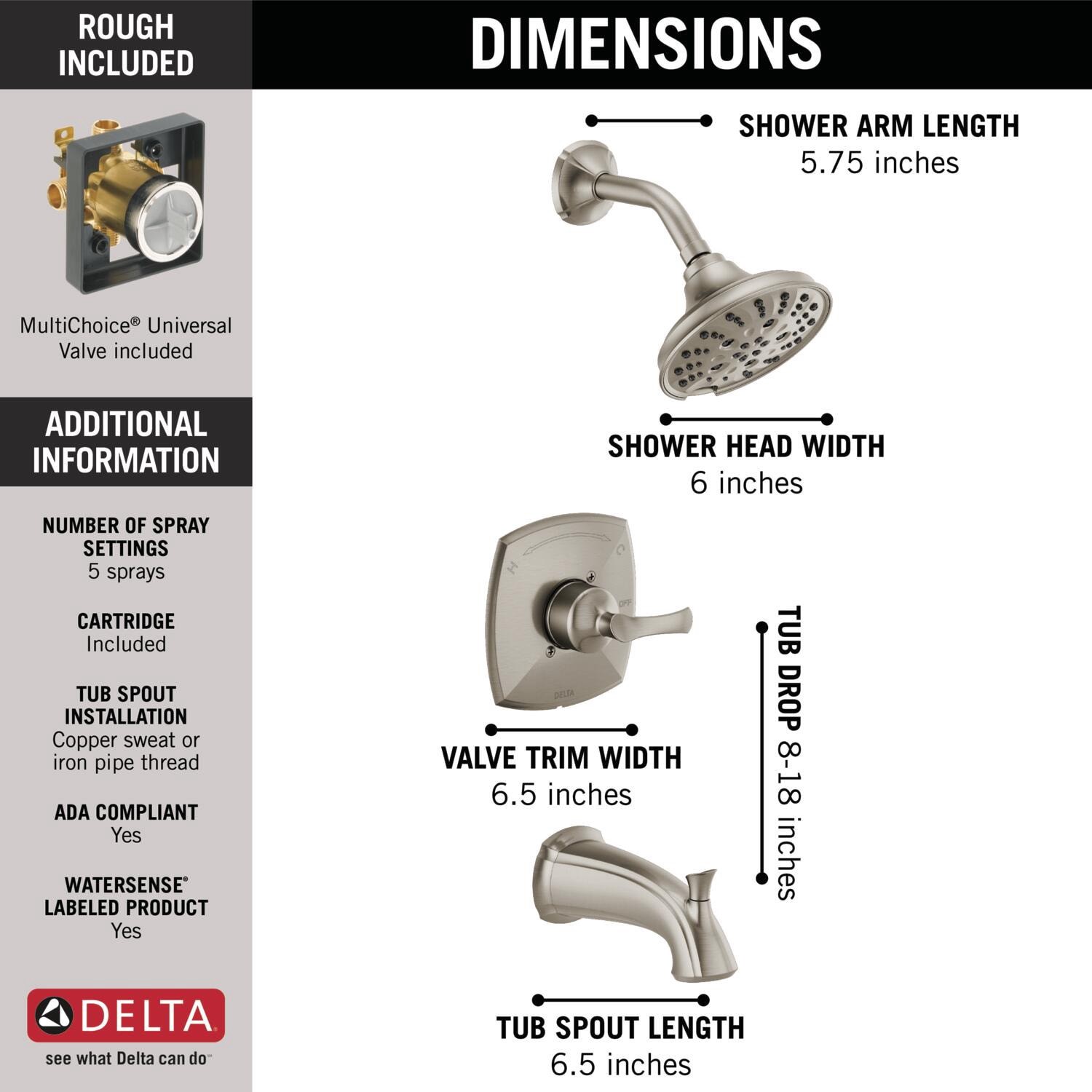 slide 3 of 6, Delta Sandover Spotshield Brushed Nickel 1-handle 6-in Round Bathtub and shower Faucet with Valve (Multi-function), 1 ct