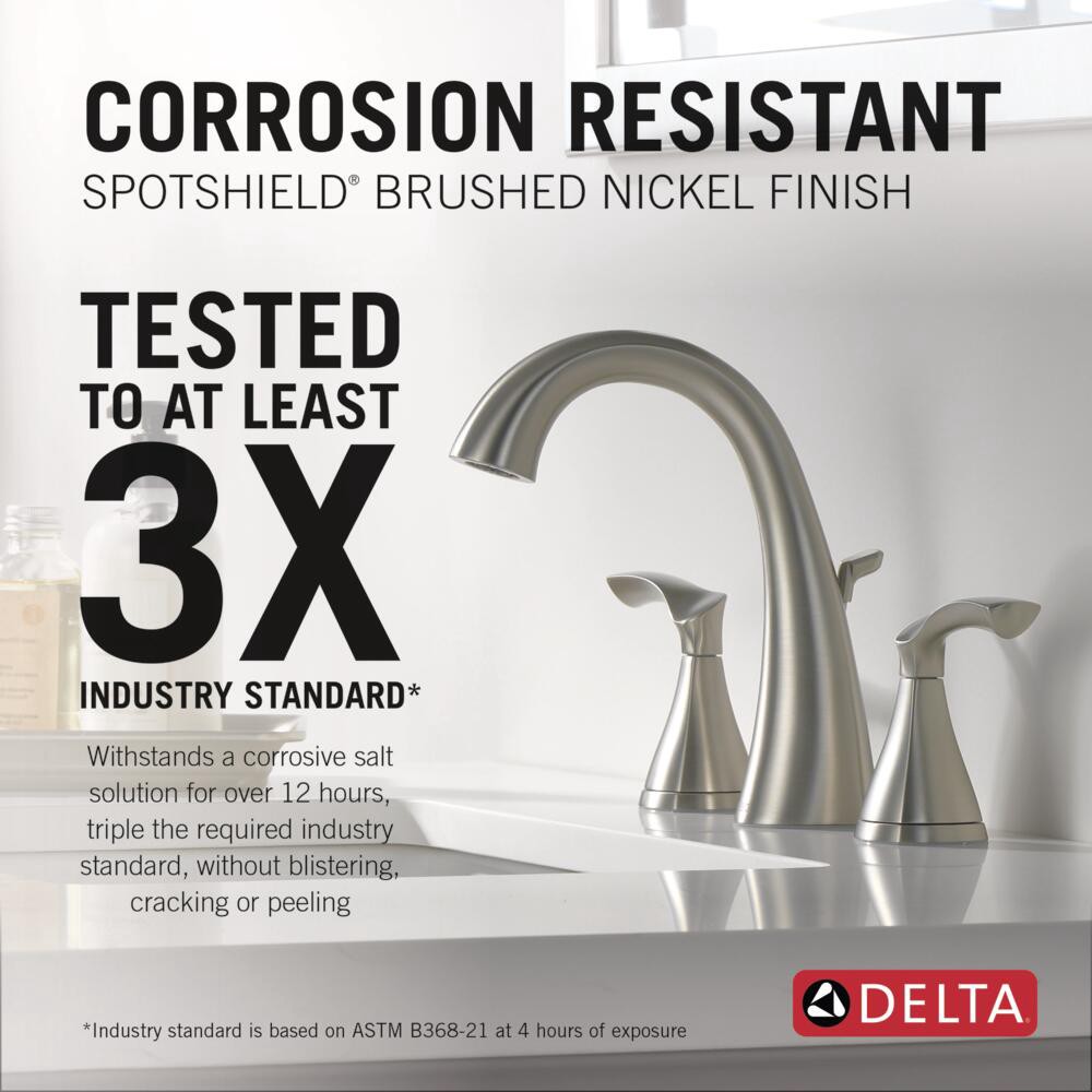 slide 3 of 6, Delta Sandover Spotshield Brushed Nickel Widespread 2-handle WaterSense Mid-arc Residential Handle Bathroom Sink Faucet with Drain, 1 ct