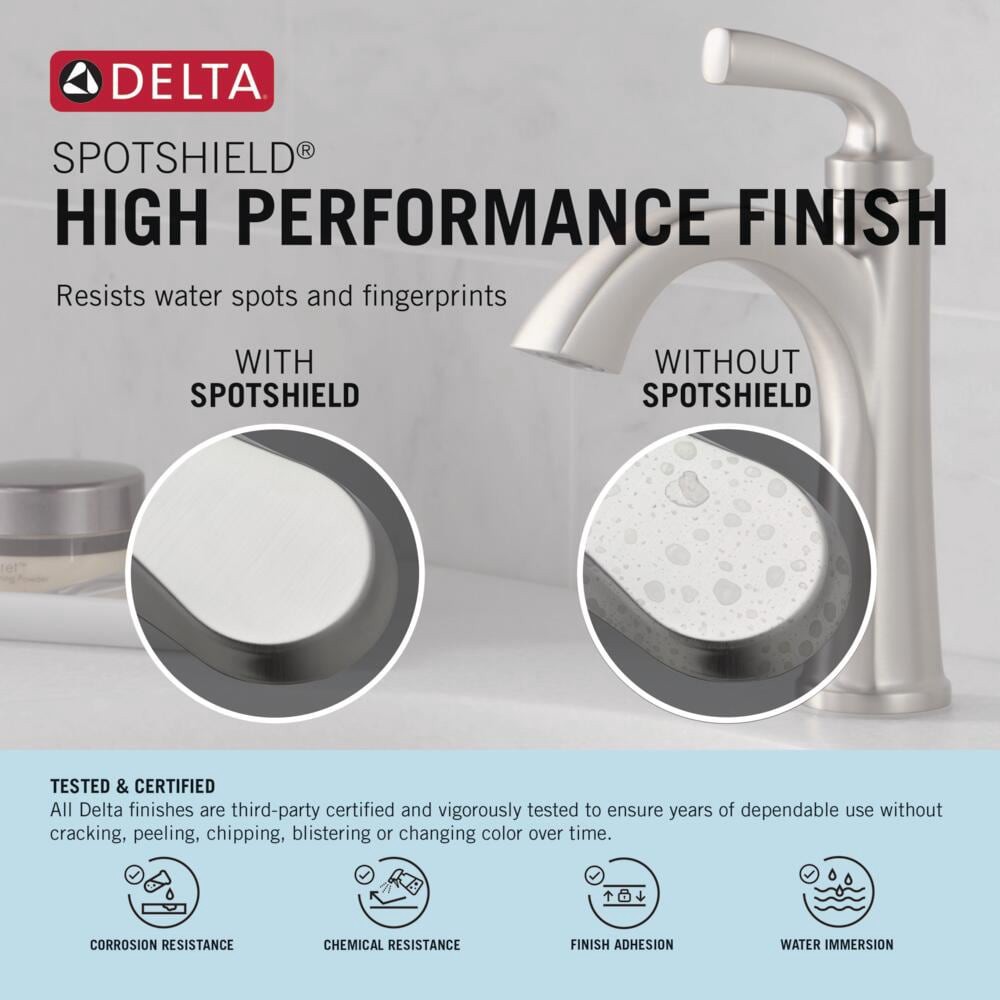 slide 4 of 6, Delta Sandover Spotshield Brushed Nickel Widespread 2-handle WaterSense Mid-arc Residential Handle Bathroom Sink Faucet with Drain, 1 ct