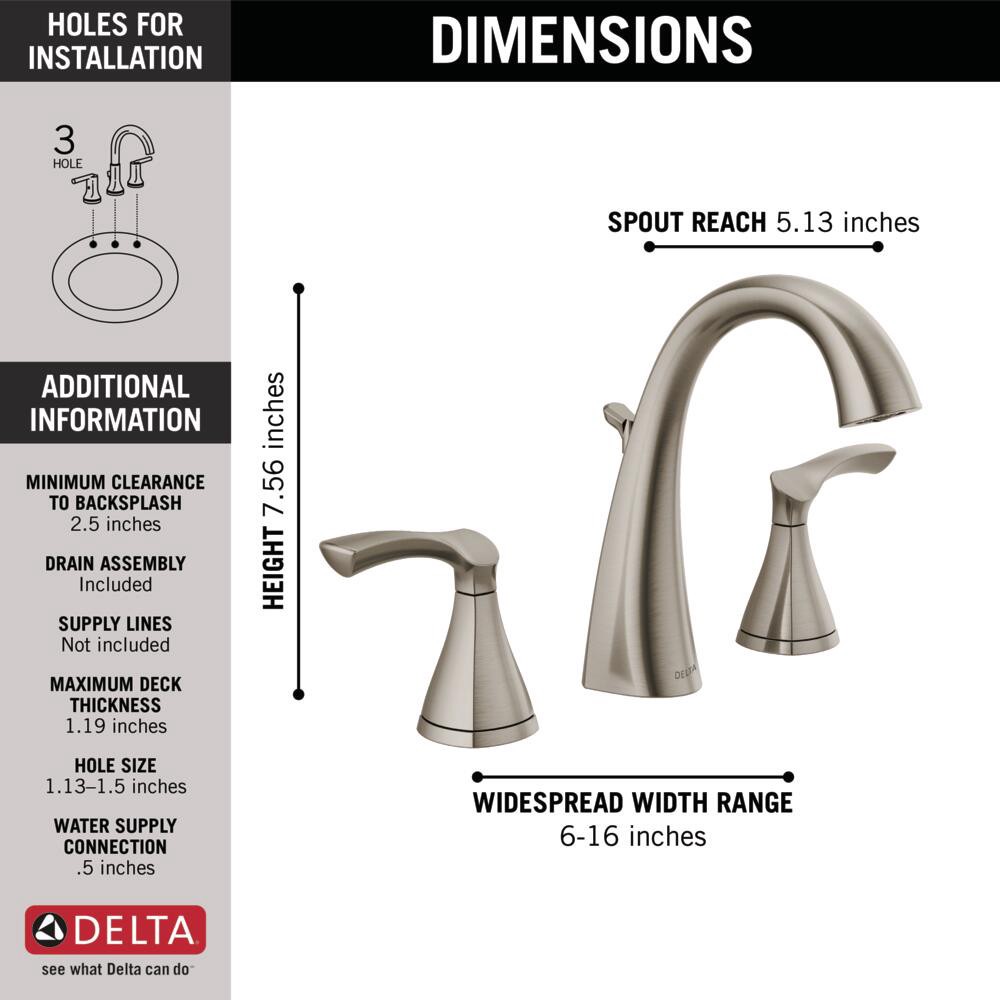 slide 6 of 6, Delta Sandover Spotshield Brushed Nickel Widespread 2-handle WaterSense Mid-arc Residential Handle Bathroom Sink Faucet with Drain, 1 ct