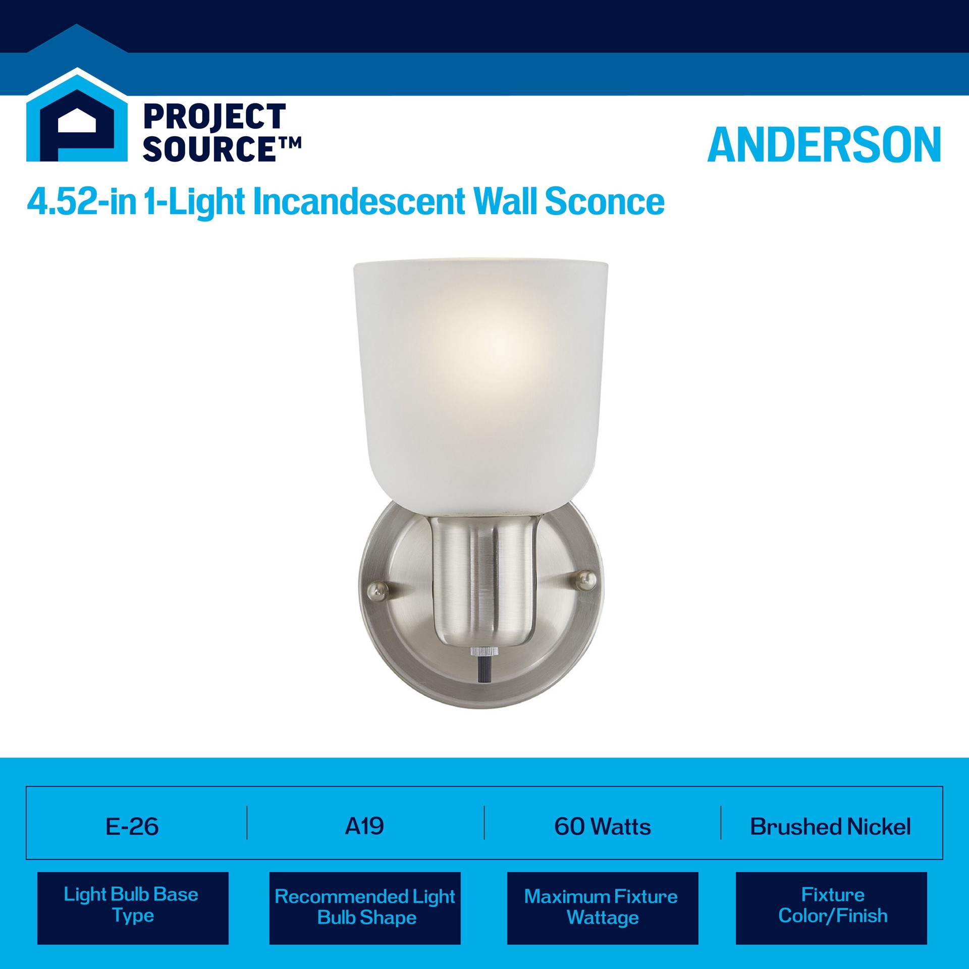 slide 4 of 6, Project Source 4.52-in W 1 -Light Brushed Nickel Wall Sconce, 1 ct