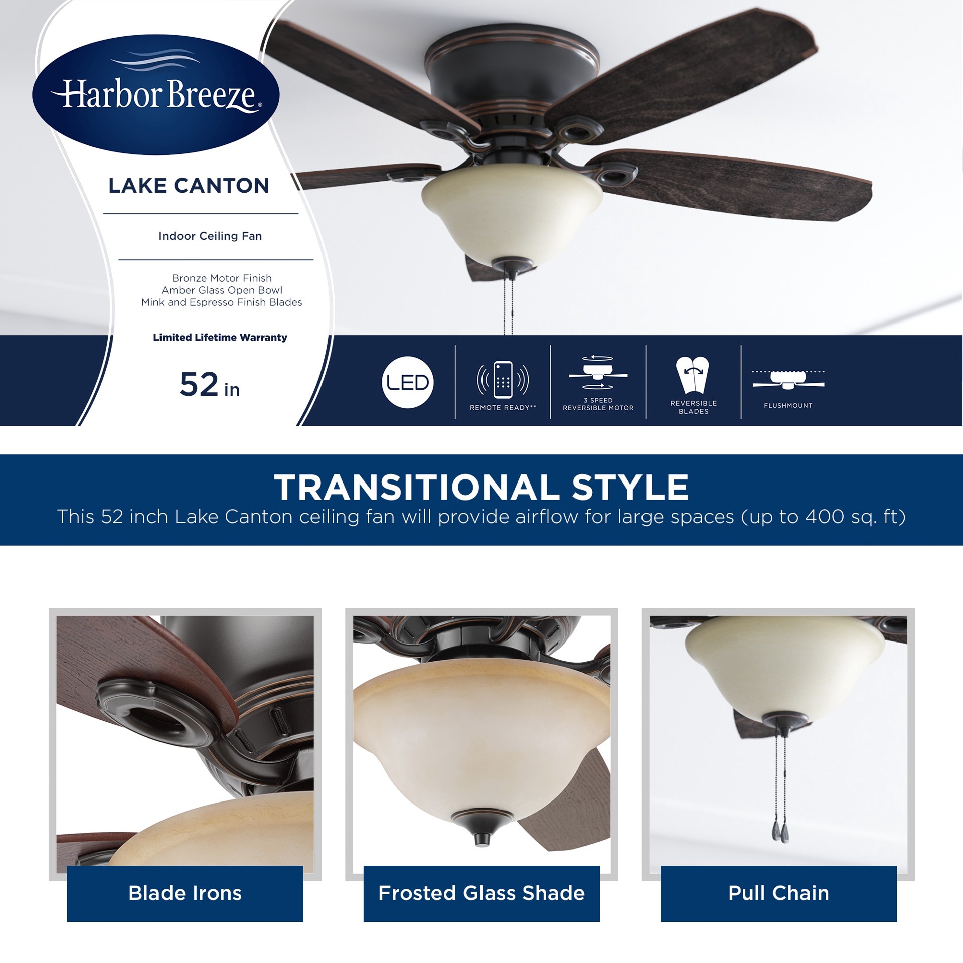 slide 5 of 6, Harbor Breeze Lake Canton 52-in Bronze with Mink/Espresso Blades Flush Mount Ceiling Fan With Light 5 -Blade, 1 ct