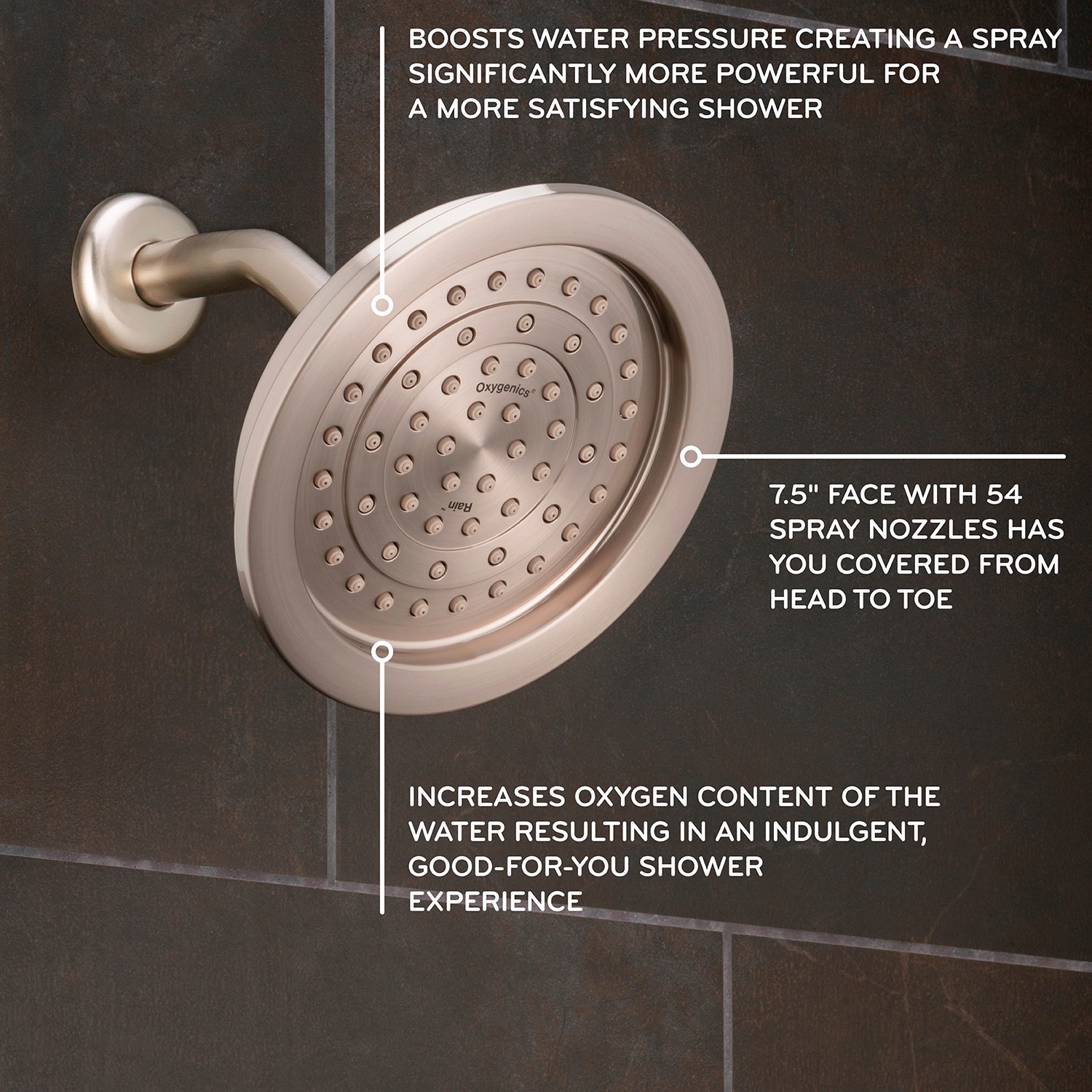 slide 2 of 6, Oxygenics 1.0 -Spray Brushed nickel 7.5 Round Rain High Pressure Shower Head 1.8 GPM, 1 ct