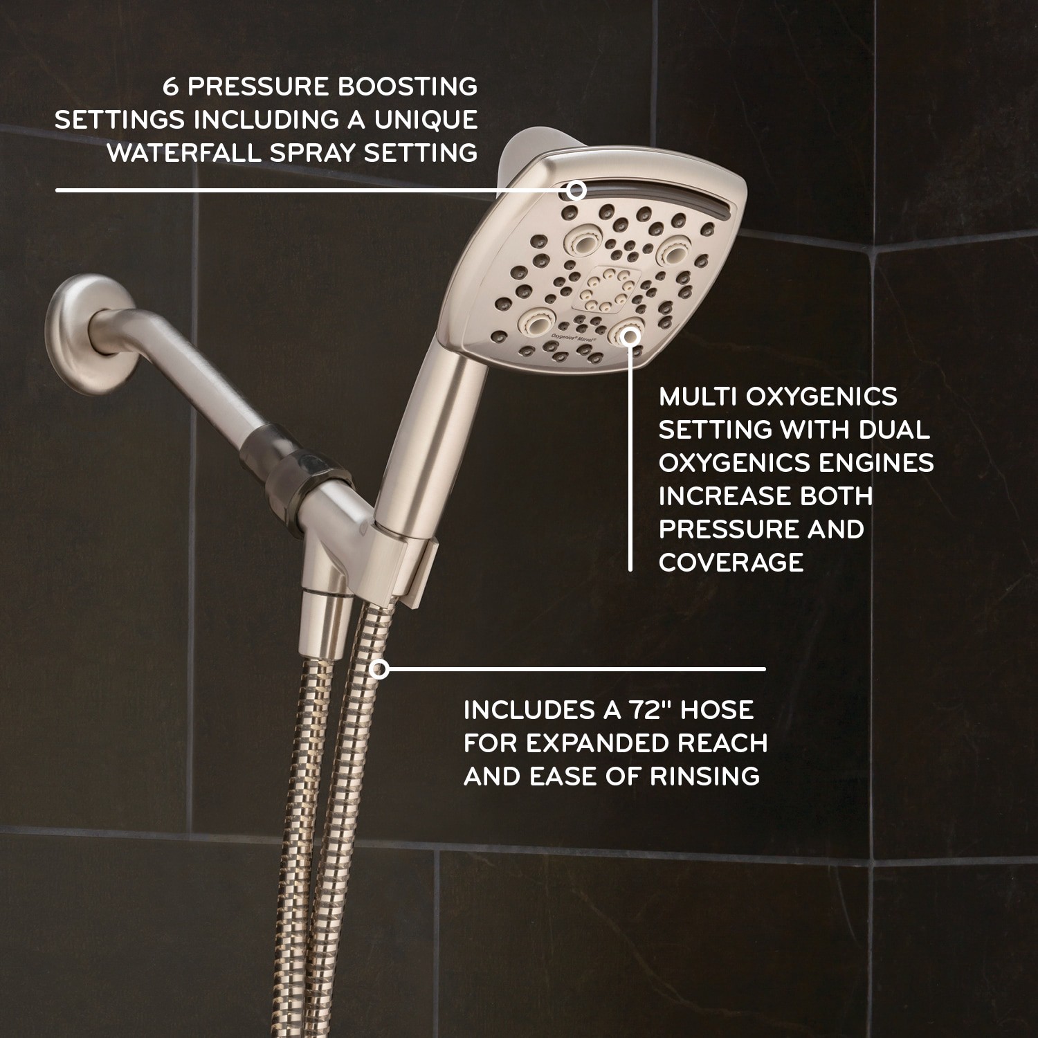 slide 2 of 6, Oxygenics Marvel 6.0 -Spray Brushed Nickel 4.88-in Square High Pressure Handheld Shower Head 1.8 GPM, 1 ct