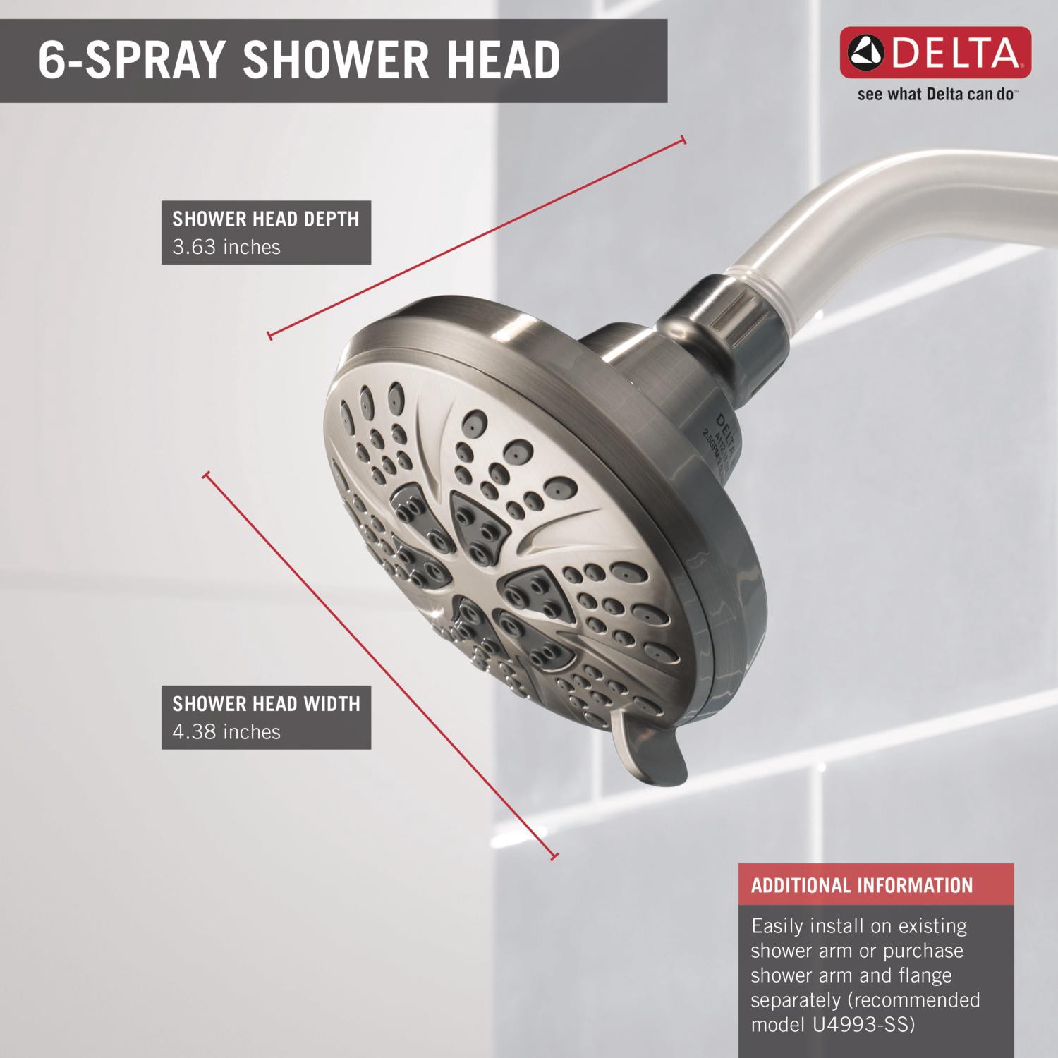 slide 3 of 6, Delta 6.0 -Spray Satin Nickel 4.3750-in Round Shower Head 2.5 GPM, 1 ct
