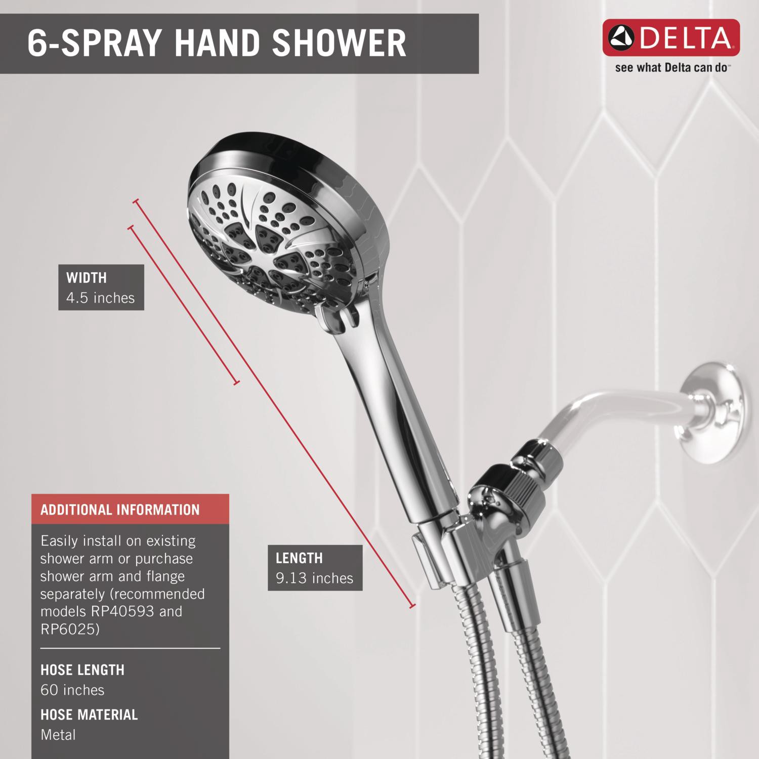 slide 3 of 6, Delta 6.0 -Spray Chrome 4.5-in Round Handheld Shower Head 2.5 GPM, 1 ct