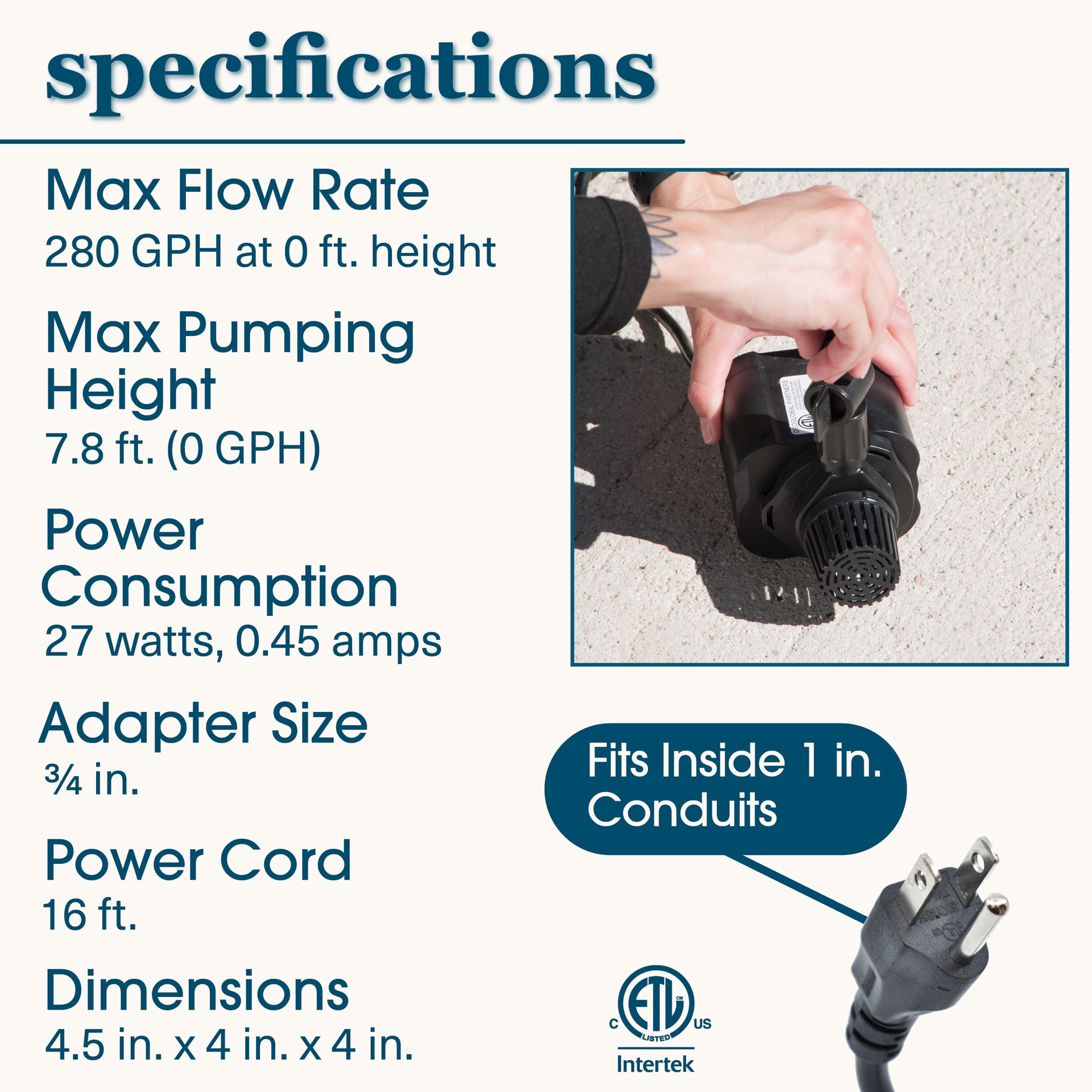 slide 4 of 6, smartpond 280 -GPH Submersible Corded Electric Pond Pump, 1 ct