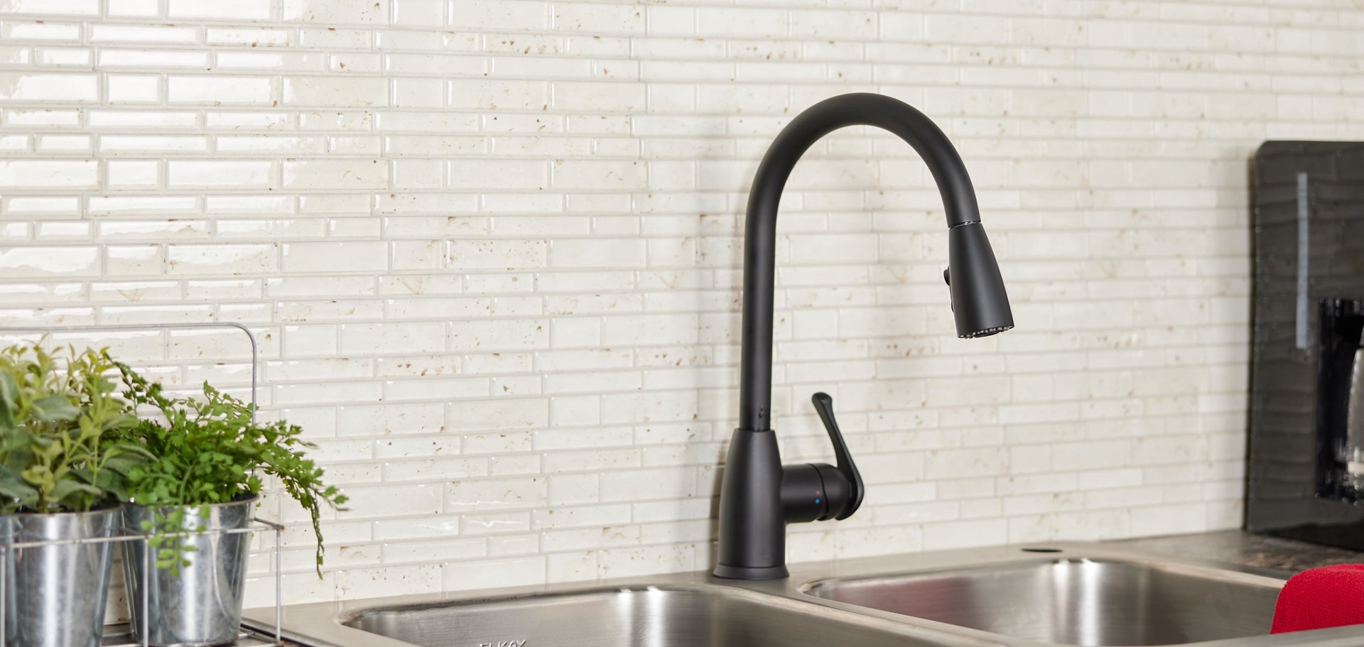 slide 4 of 6, Project Source Tucker Matte black Single Handle Deck-mount Pull-down Kitchen Faucet with Sprayer (Includes Deck Plate), 1 ct