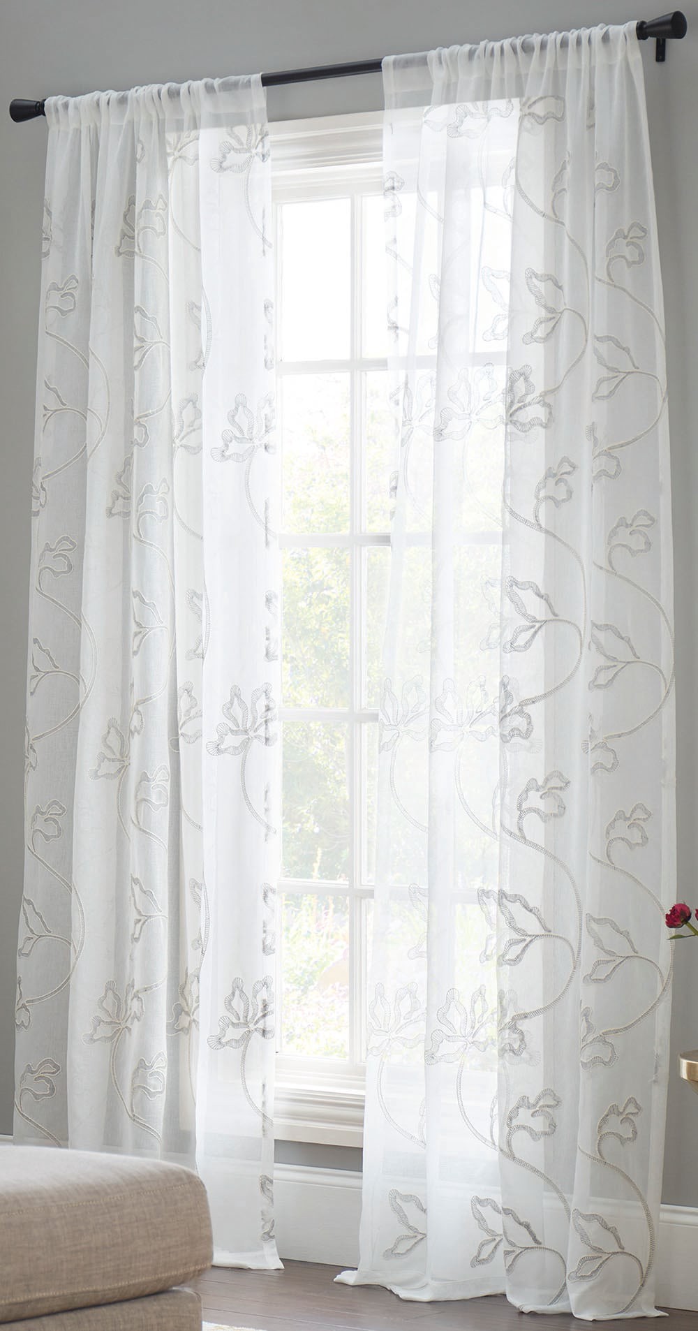 slide 1 of 6, allen + roth 84.0-in Grey Floral Sheer Rod pocket Single curtain panel, 1 ct