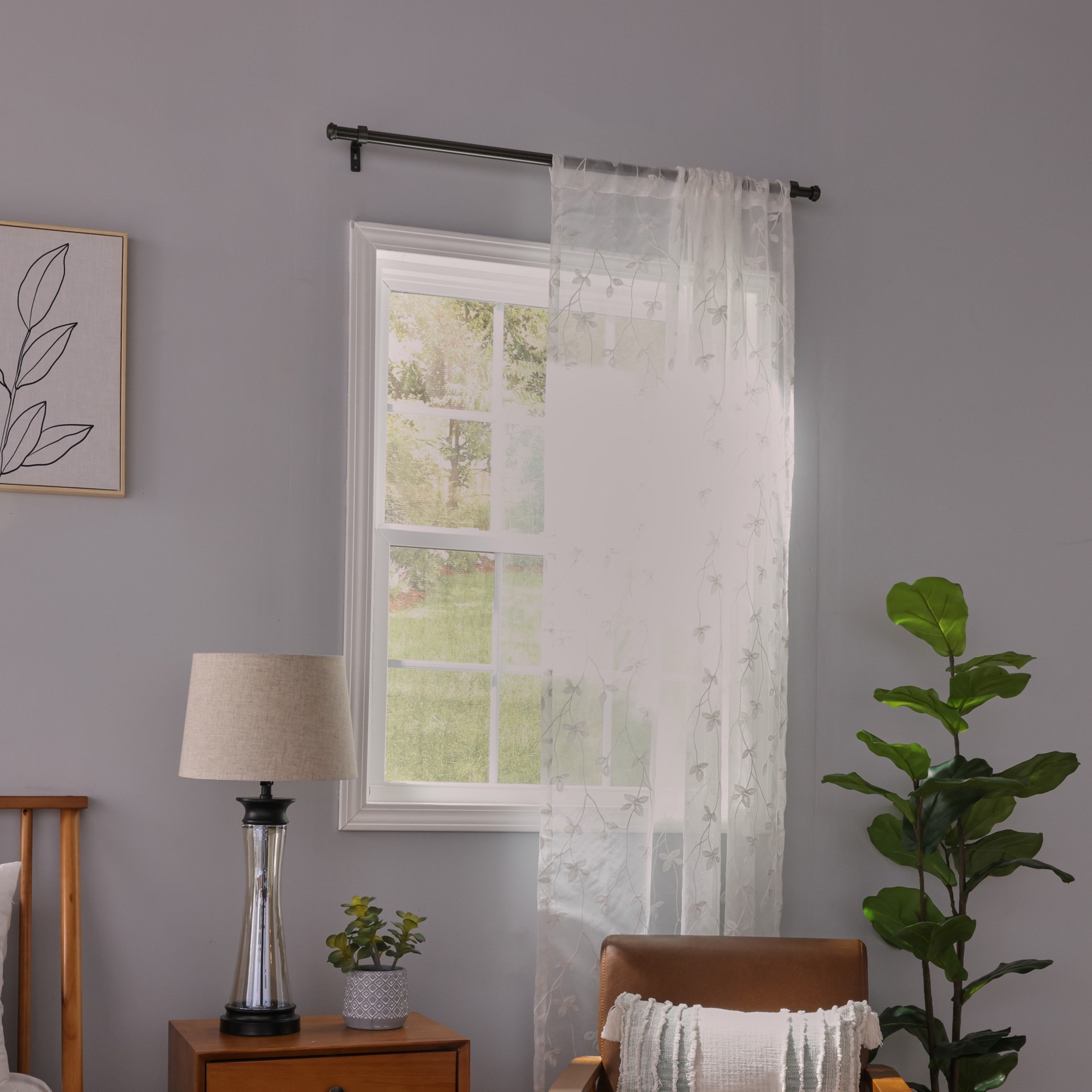 slide 6 of 6, allen + roth 84-in Ivory Floral Sheer Rod pocket Single curtain panel, 1 ct