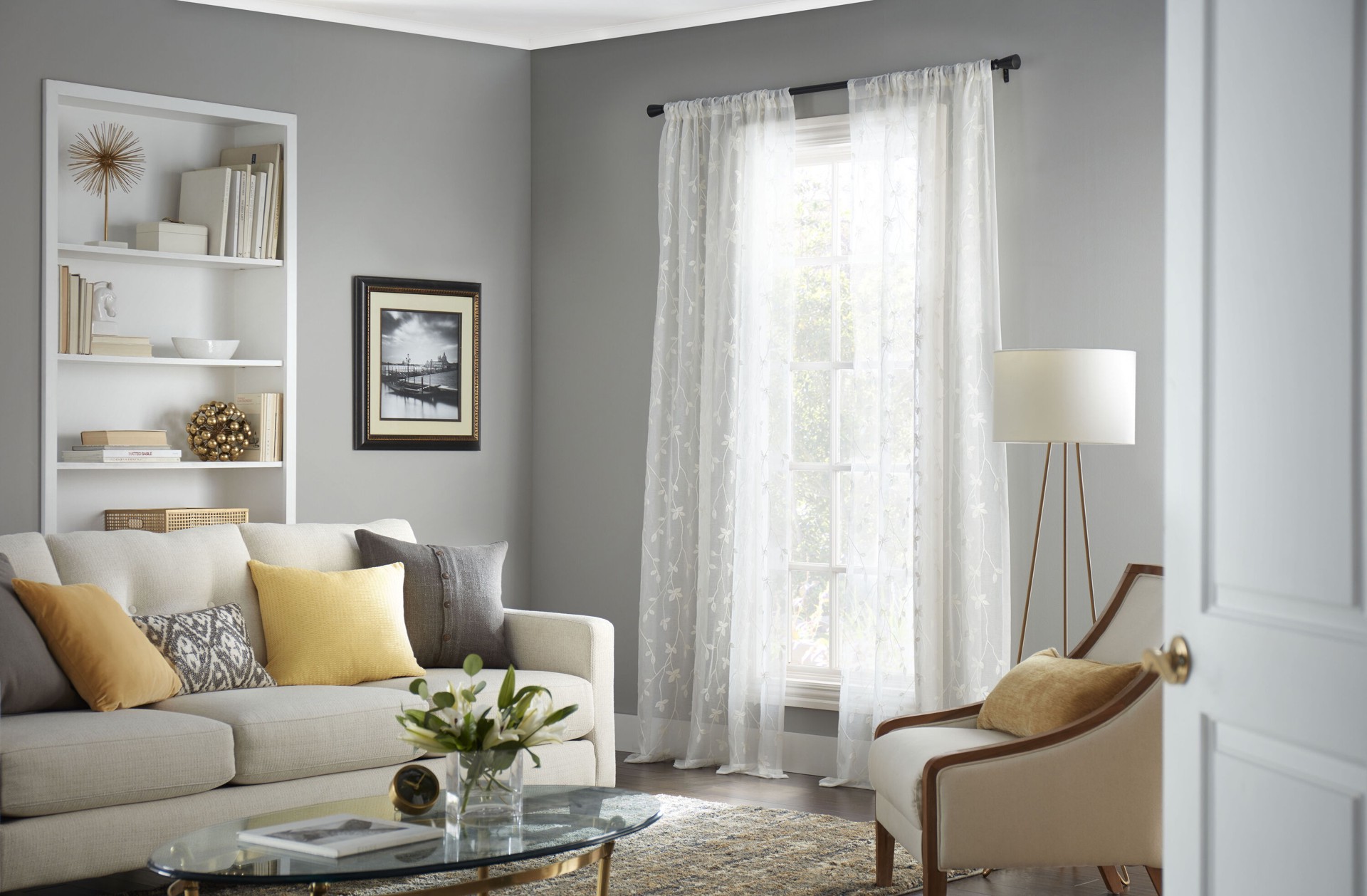 slide 1 of 6, allen + roth 84-in Ivory Floral Sheer Rod pocket Single curtain panel, 1 ct