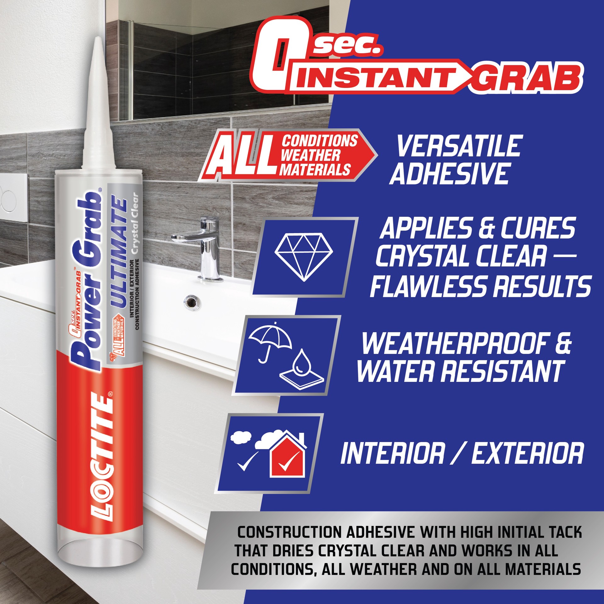 slide 4 of 6, LOCTITE Power Grab Ultimate Crystal Clear Polymer-based Clear Multi-use Interior/Exterior Construction Adhesive ( 9-fl oz Fluid Oz), 1 ct