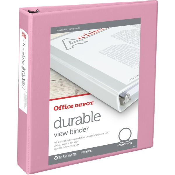 slide 1 of 3, Office Depot Brand Durable View Round-Ring Binders, 1-1/2'' Round Rings, Pink, Pack Of 12 Binders, 12 ct