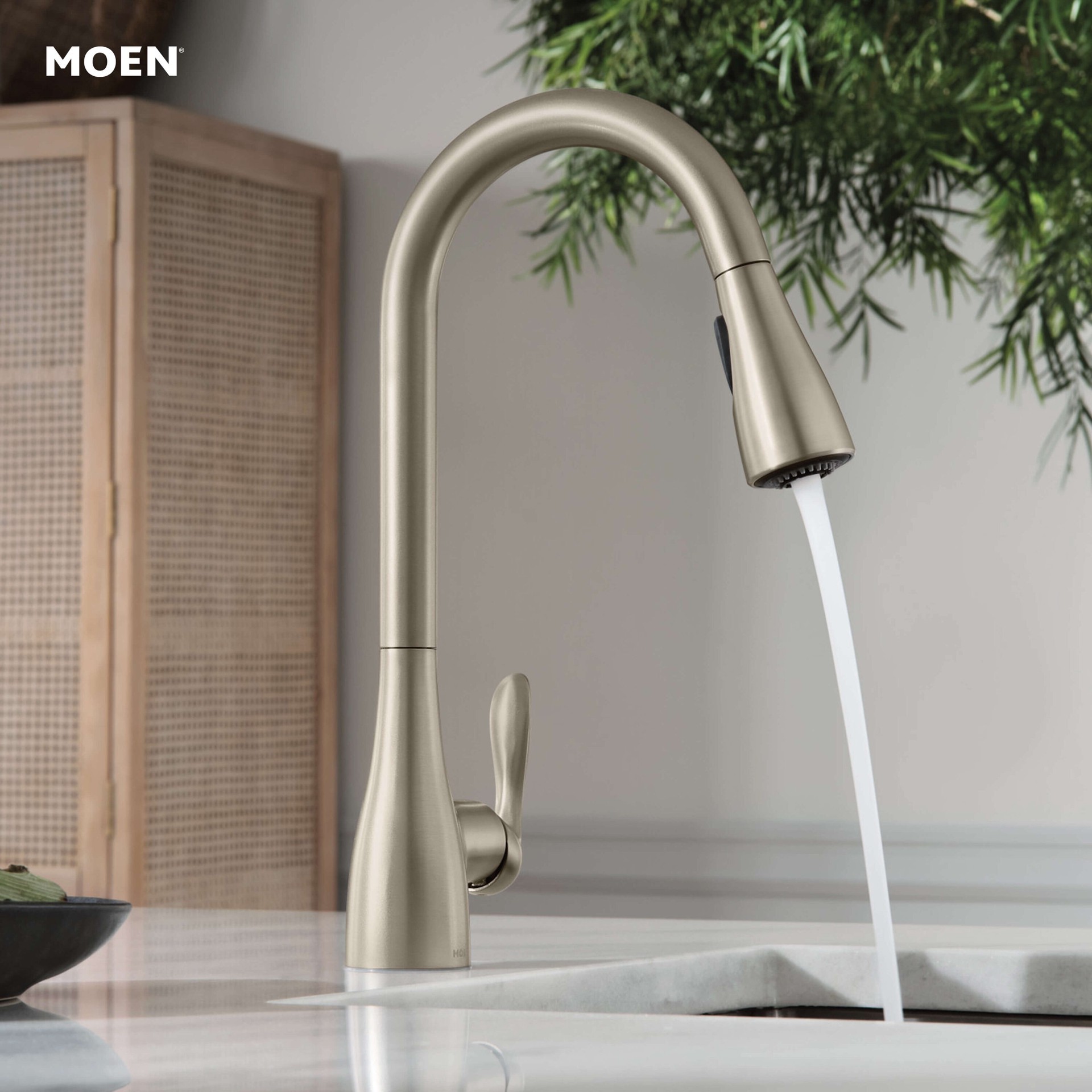 slide 3 of 6, Moen Georgene Spot Resist Stainless Single Handle Deck-mount Pull-down Kitchen Faucet with Sprayer (Includes Deck Plate), 1 ct