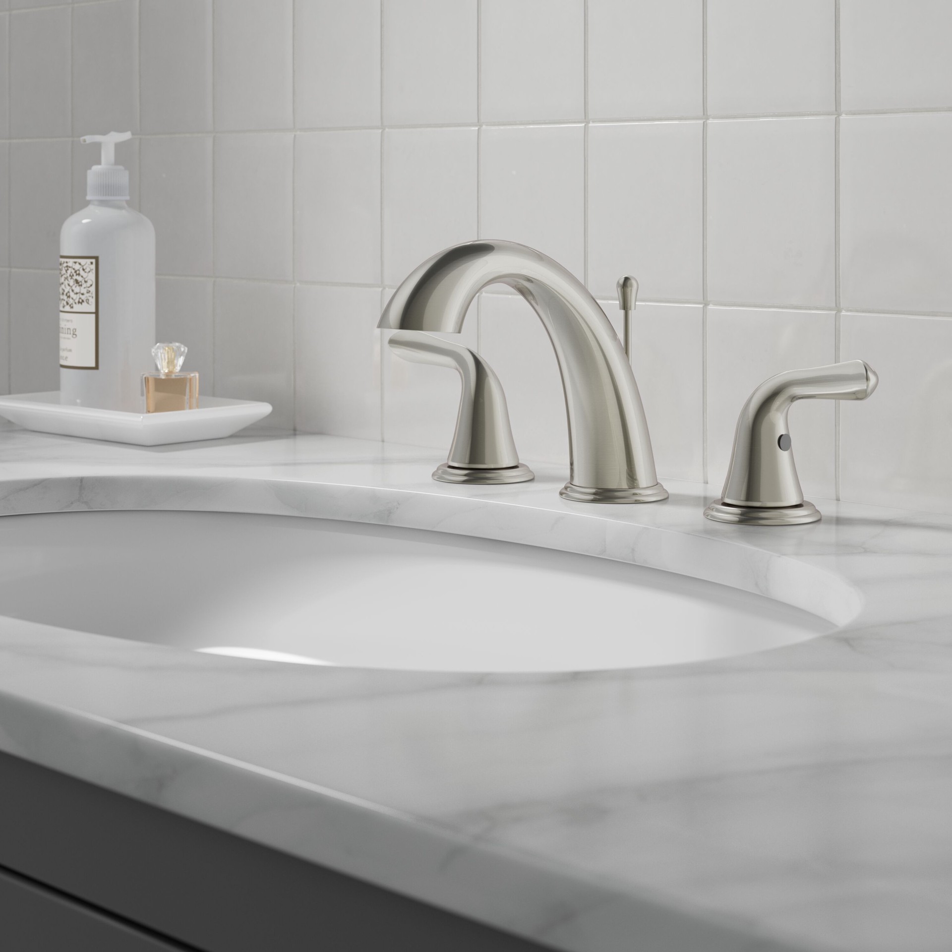 slide 5 of 6, Project Source Dover Brushed Nickel Widespread 2-handle WaterSense Mid-arc Residential Handle Bathroom Sink Faucet with Drain, 1 ct