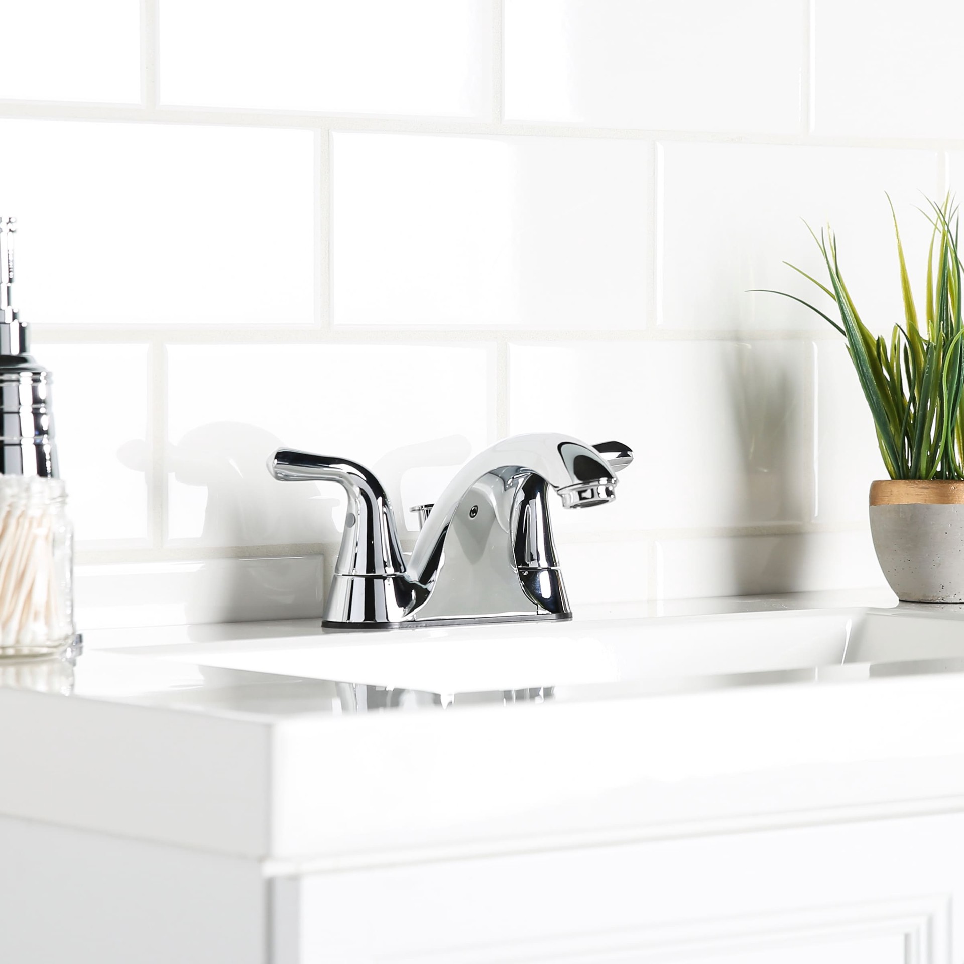 slide 2 of 6, Project Source Dover Chrome 4-in centerset 2-handle WaterSense Mid-arc Residential Handle Bathroom Sink Faucet with Drain with Deck Plate, 1 ct