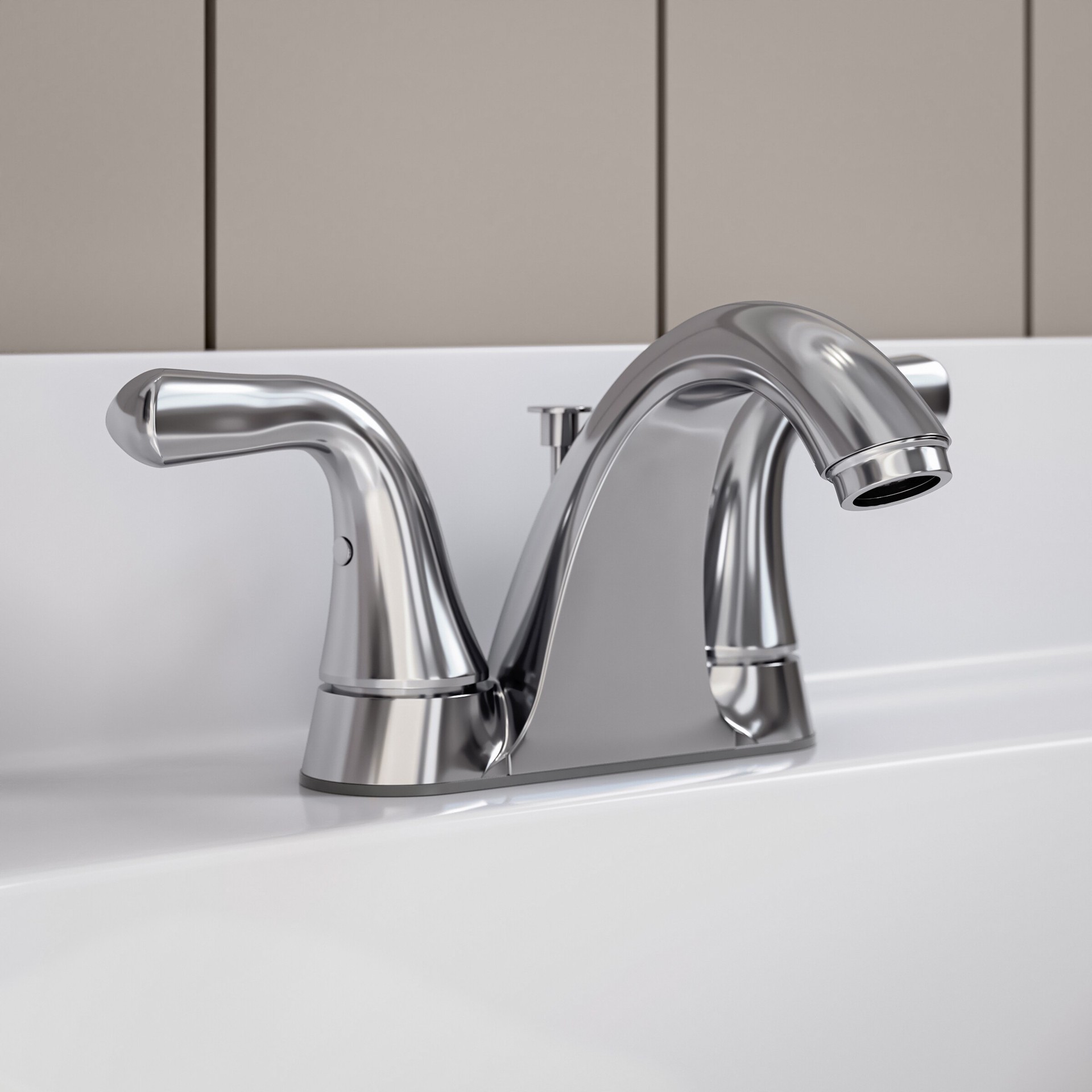 slide 5 of 6, Project Source Dover Chrome 4-in centerset 2-handle WaterSense Mid-arc Residential Handle Bathroom Sink Faucet with Drain with Deck Plate, 1 ct