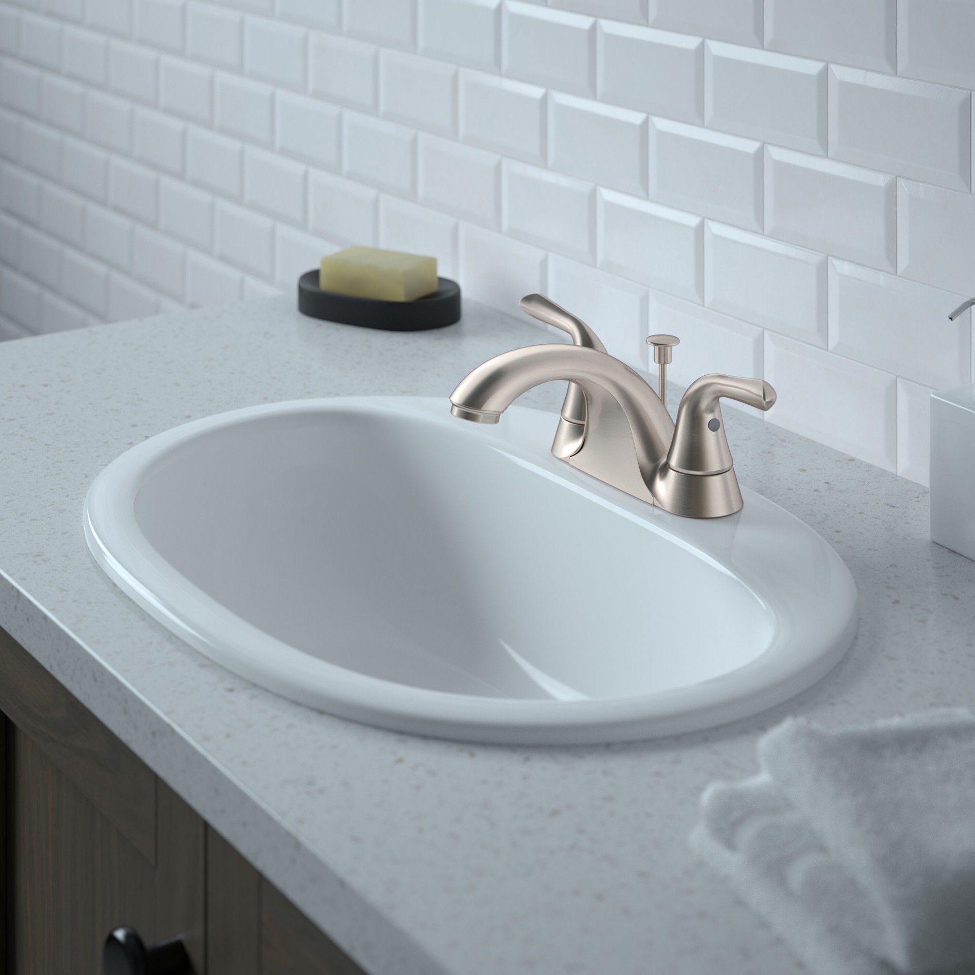 slide 2 of 6, Project Source Dover Brushed Nickel 4-in centerset 2-handle WaterSense Mid-arc Residential Handle Bathroom Sink Faucet with Drain with Deck Plate, 1 ct