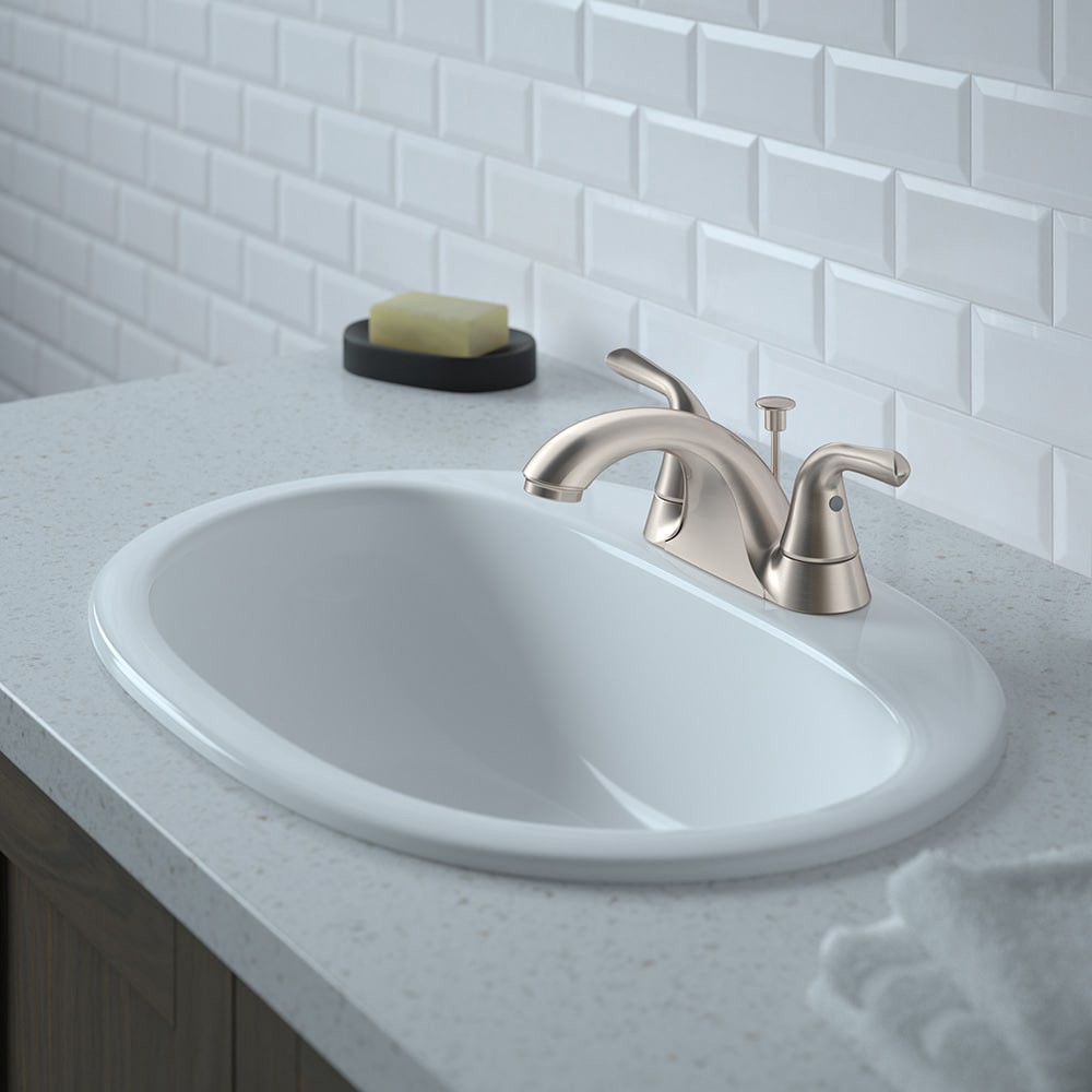 slide 5 of 6, Project Source Dover Brushed Nickel 4-in centerset 2-handle WaterSense Mid-arc Residential Handle Bathroom Sink Faucet with Drain with Deck Plate, 1 ct