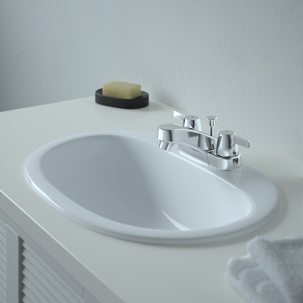 slide 5 of 6, Project Source Rutland Chrome 4-in centerset 2-handle WaterSense Low-arc Residential Handle Bathroom Sink Faucet with Drain, 1 ct