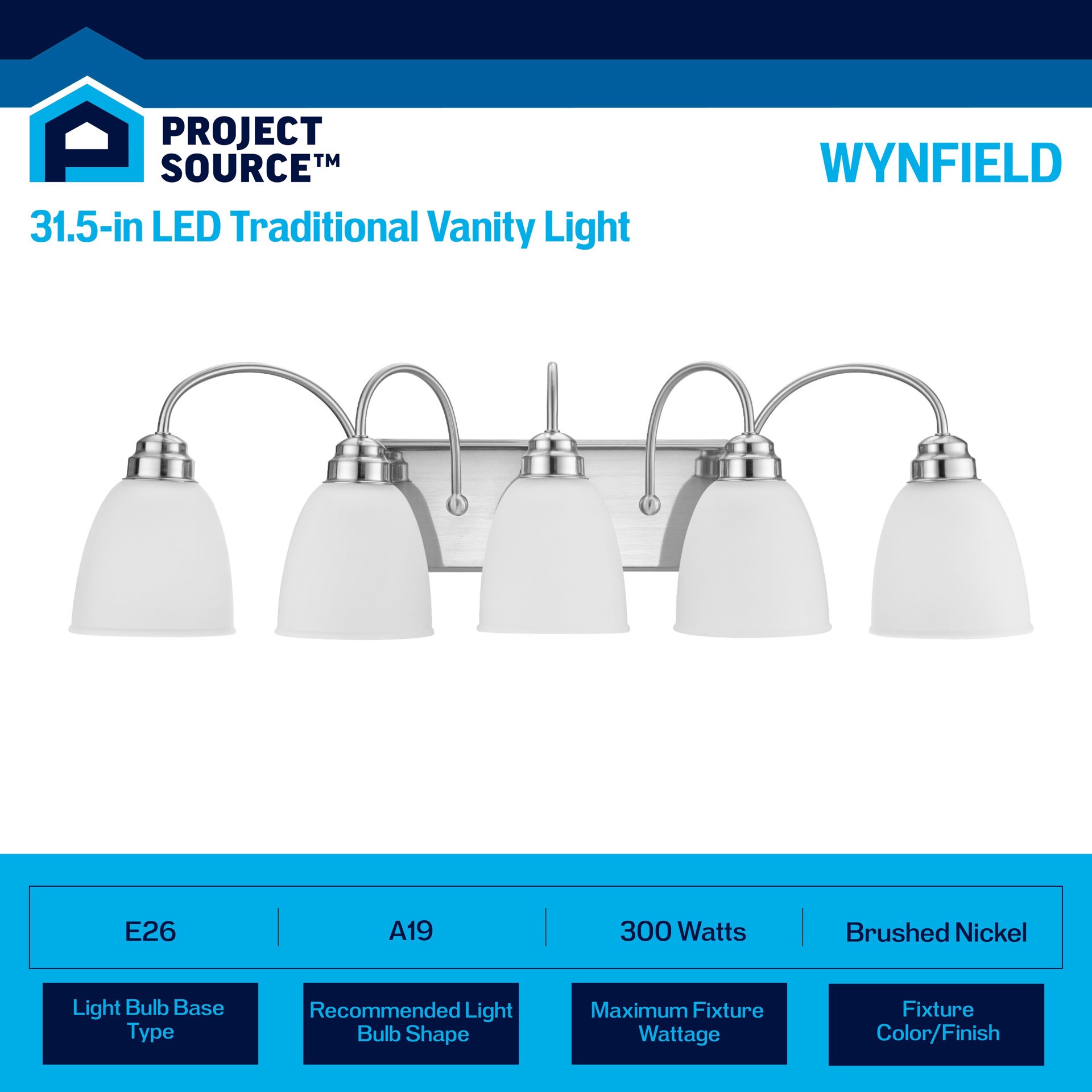 slide 5 of 6, Project Source Wynfield 31.5-in 5 -Light Brushed Nickel Traditional Vanity light, 1 ct