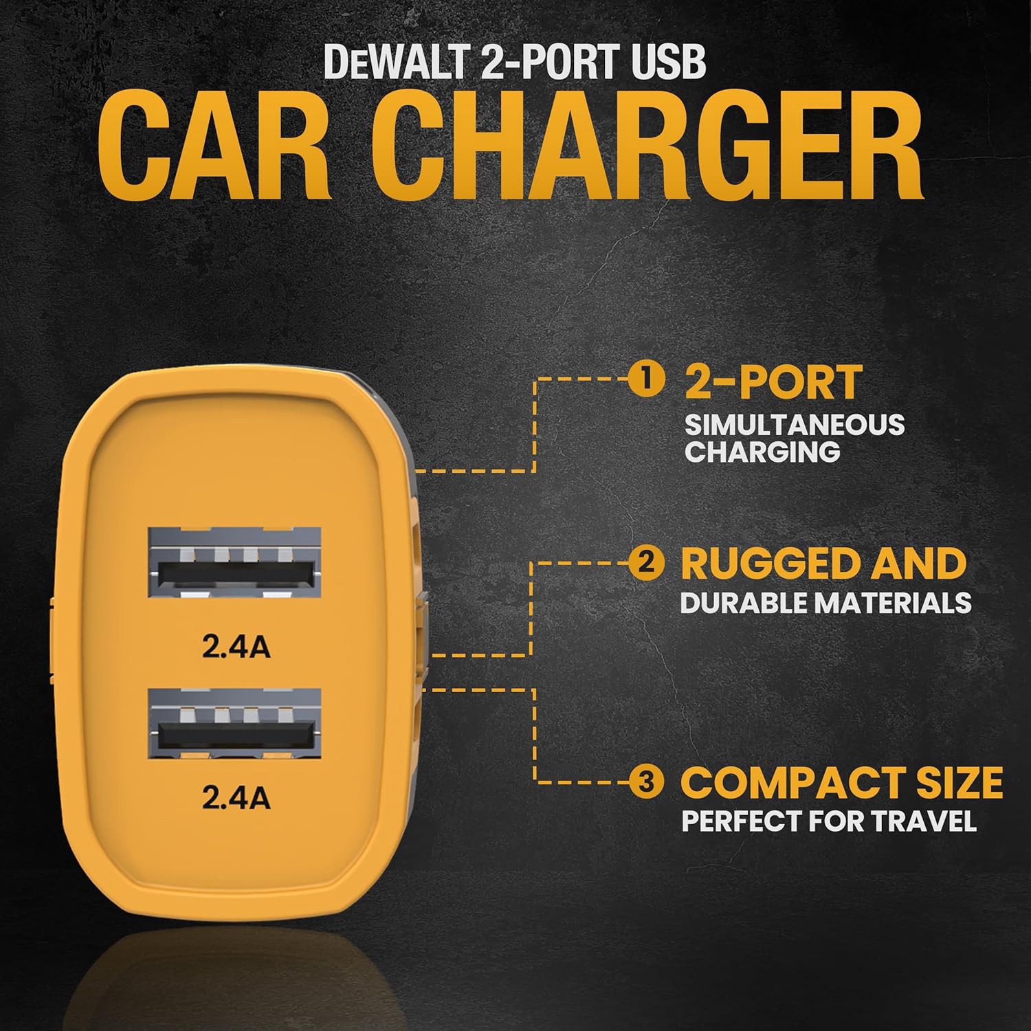 slide 3 of 6, DEWALT USB-A Car Charger 2-Ports, 1 ct