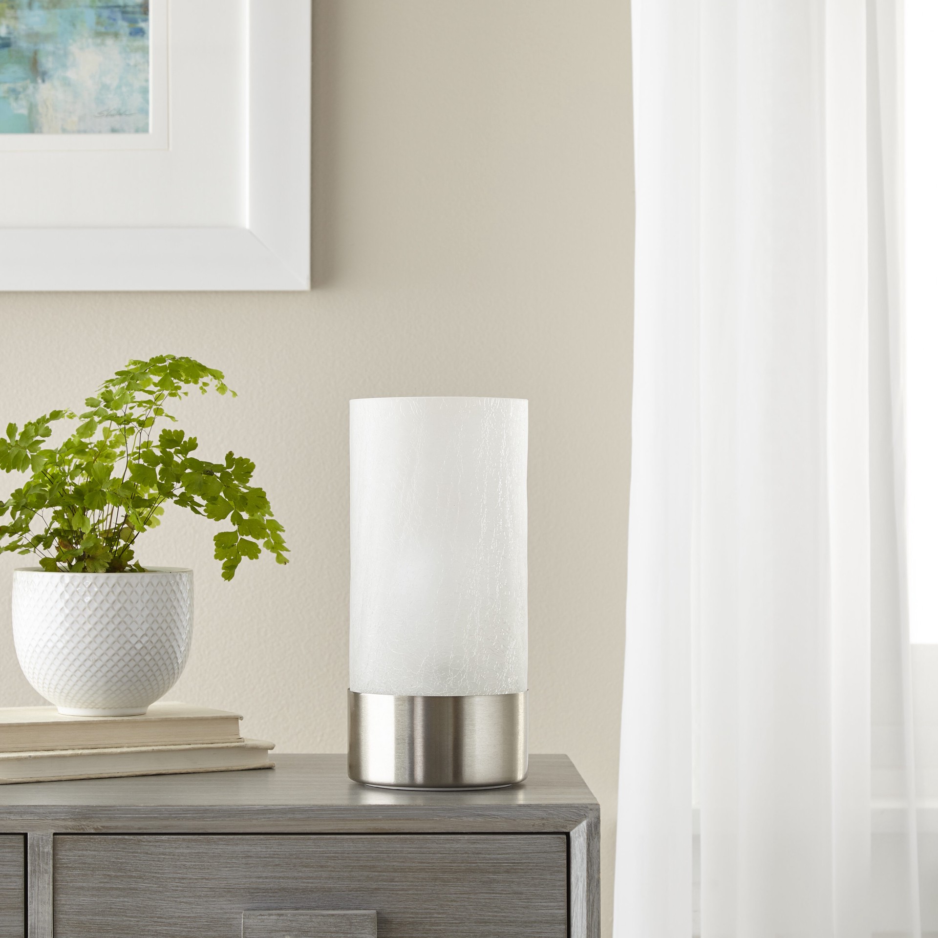 slide 1 of 6, allen + roth 10-in Brushed nickel Touch Uplight Table Lamp with Glass Shade, 1 ct