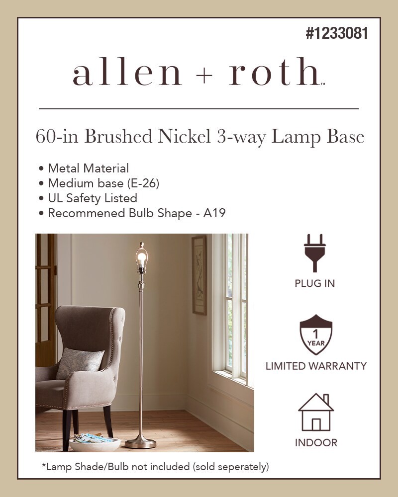 slide 3 of 6, allen + roth 60-in Brushed Nickel Plug-in 3-way Metal Lamp Base, 1 ct
